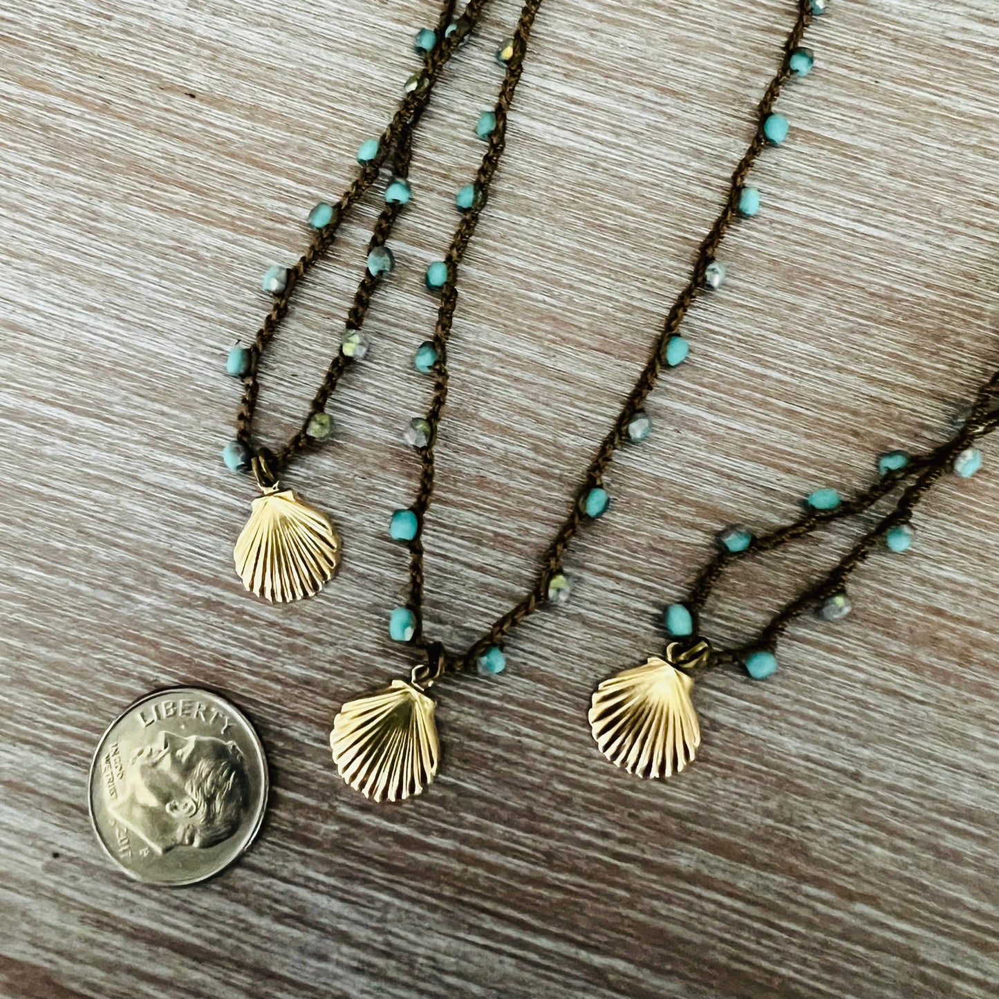 Dainty Beachside Blue Beads With Gold Plated Shell Charm