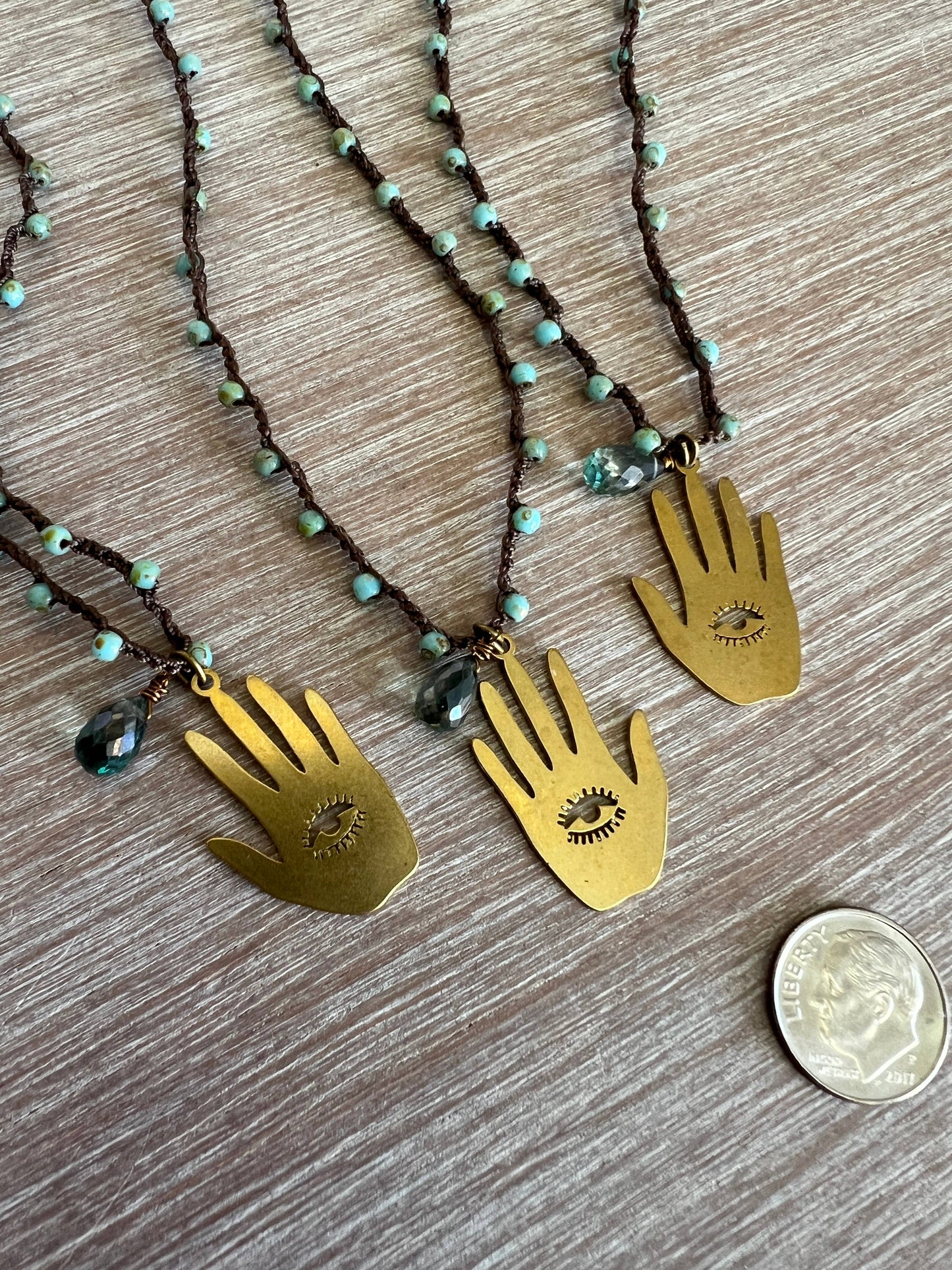 Hamsa Hand Necklace With Green Quartz Drop