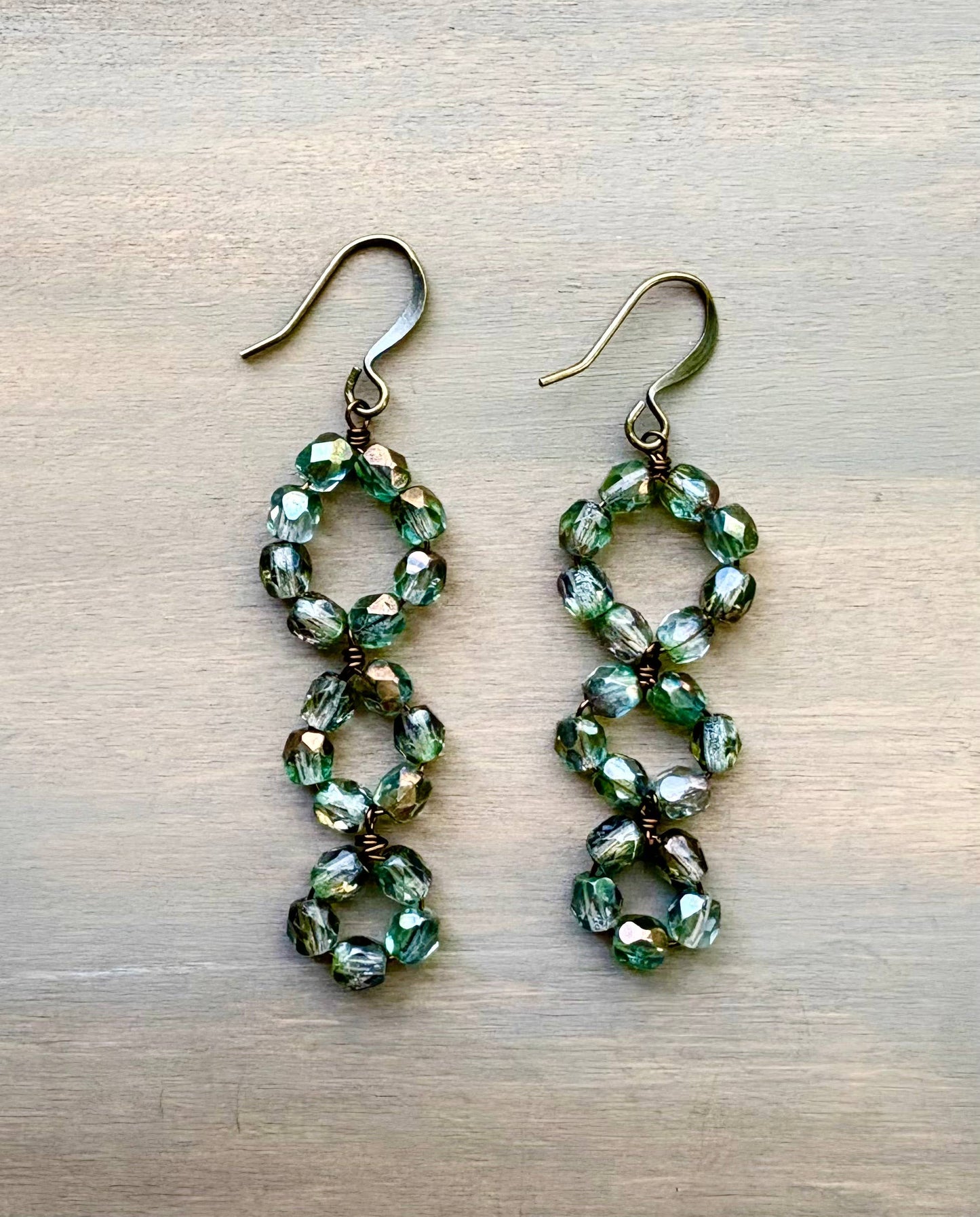 Sea Green And Grey Triple Loop Crystal Beach Earrings