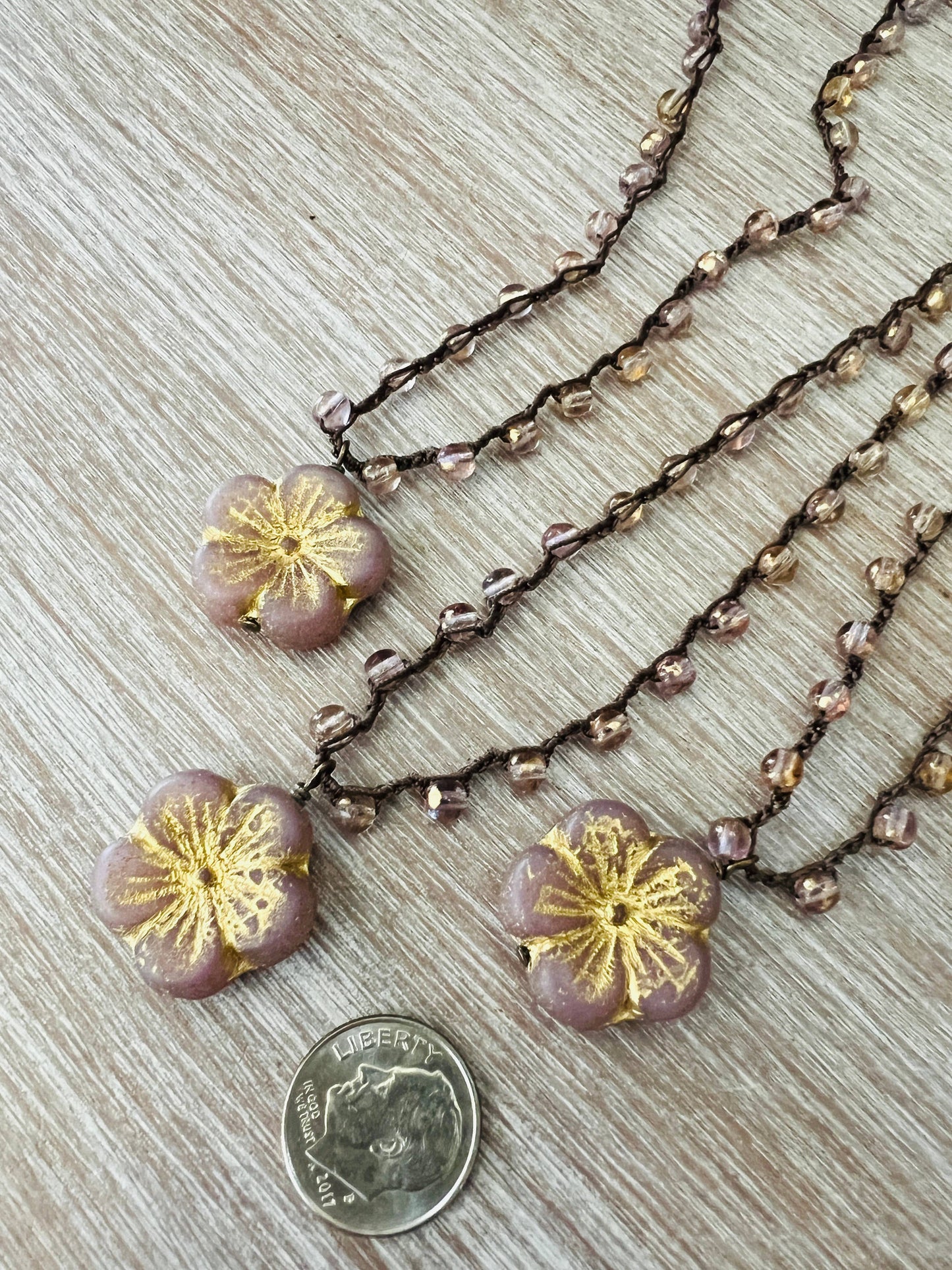 Pink Glass Crystal Flower Necklace With Golden Shimmer