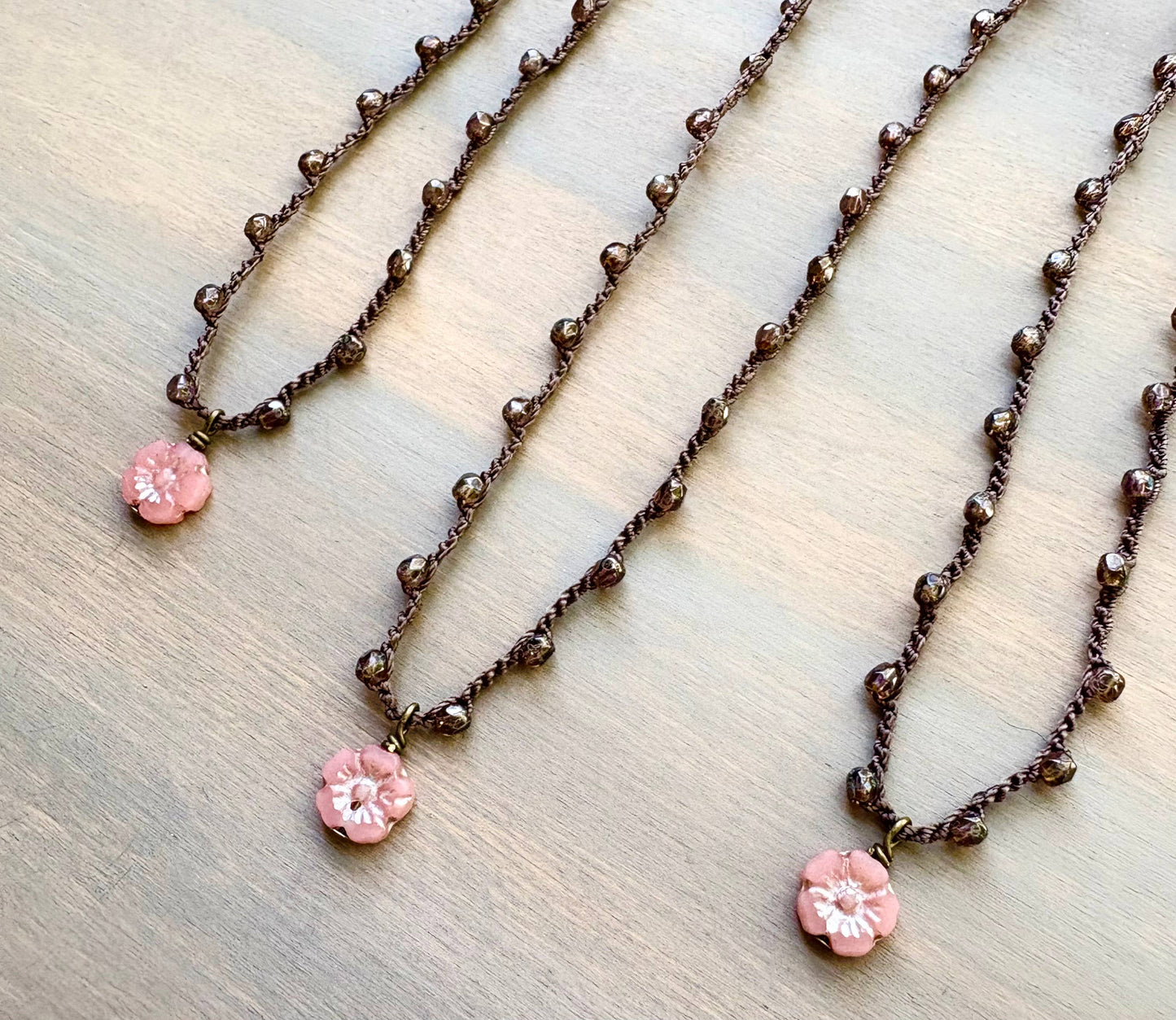 Tiny Antique Apricot Glass Flower On Czech Crystal Strand