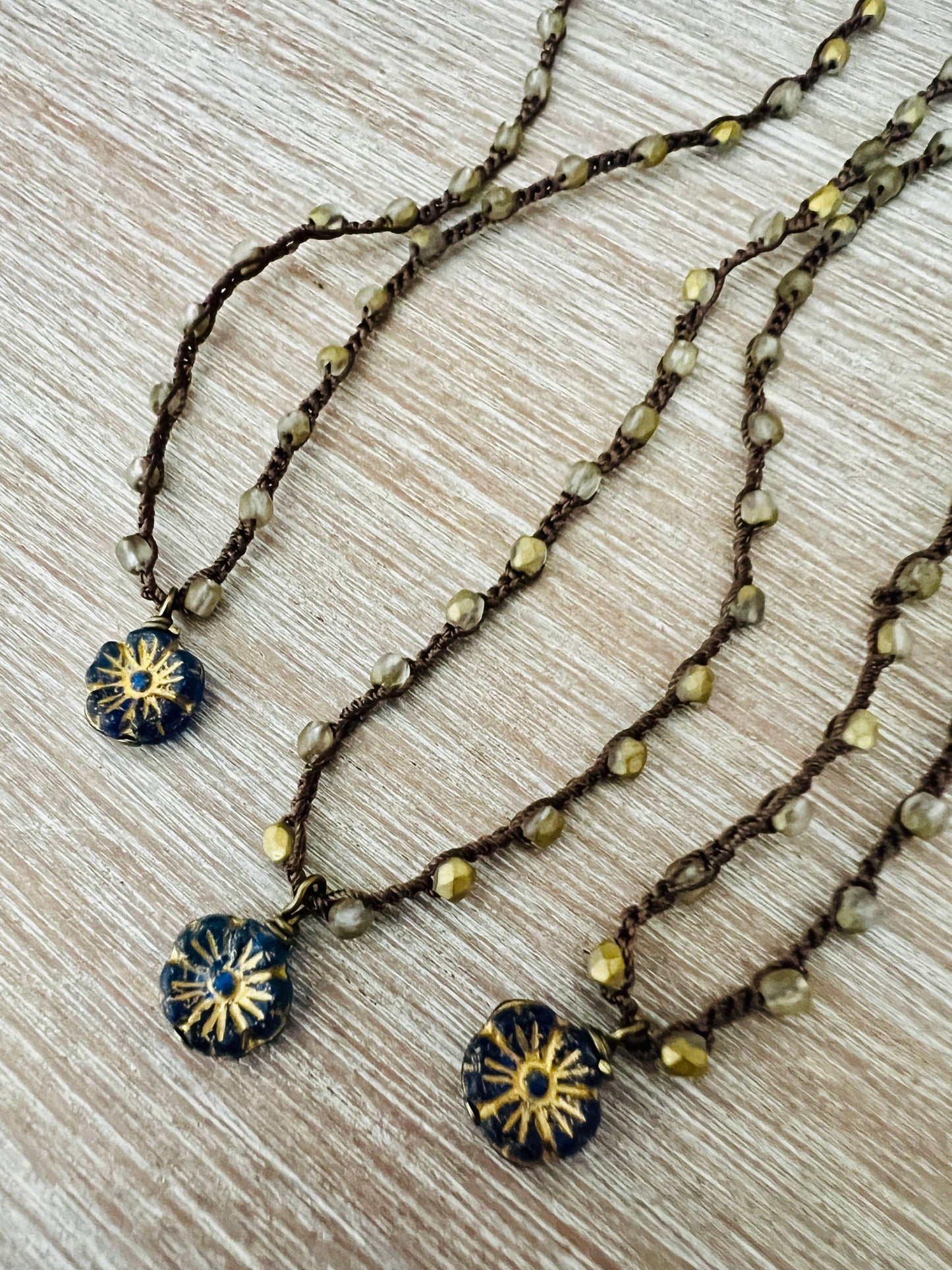 Antique Indigo Dainty Flower Necklace With Czech Crystal