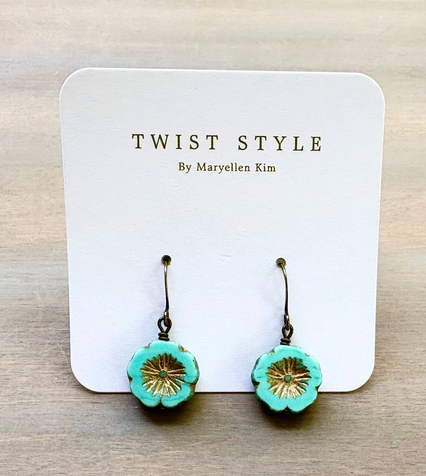 Golden Aqua Pressed Glass Flower Earrings