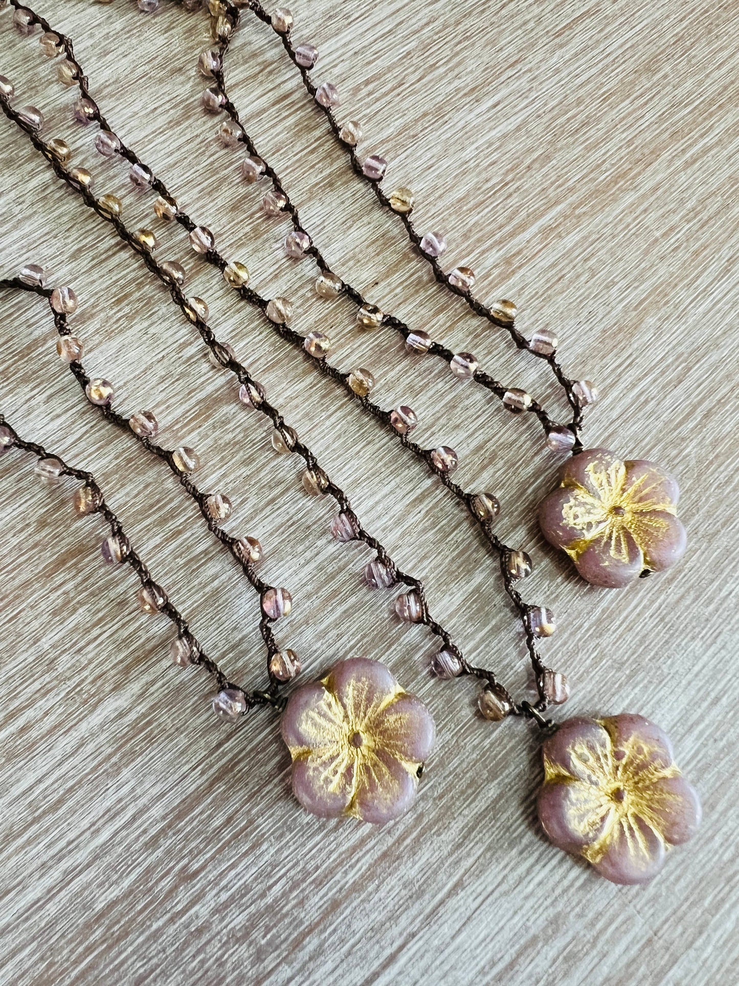 Pink Glass Crystal Flower Necklace With Golden Shimmer
