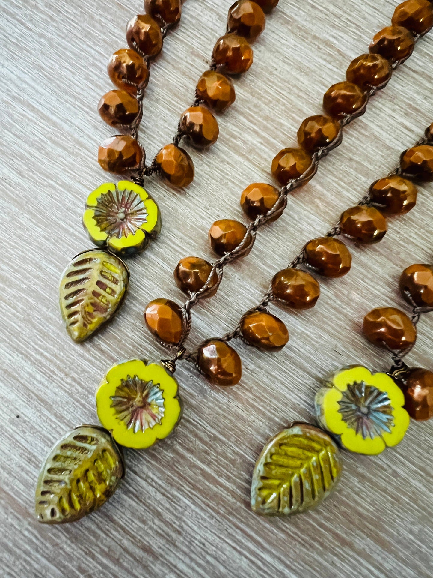 Autumn Flora and Leaf Drop Necklace With Burnt Orange