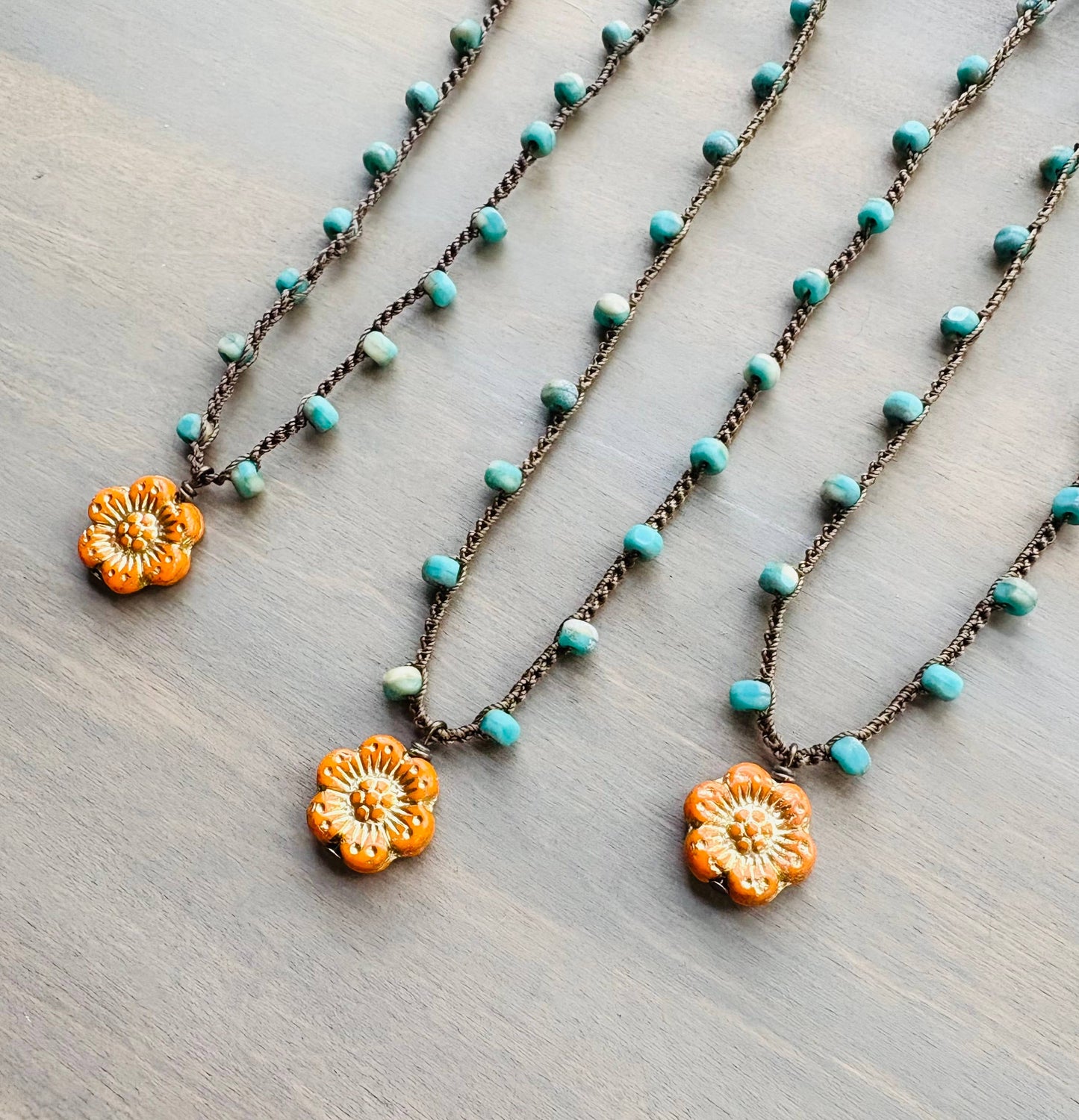 Orange Crush Wild Rose On Aqua Crocheted Crystal Necklace