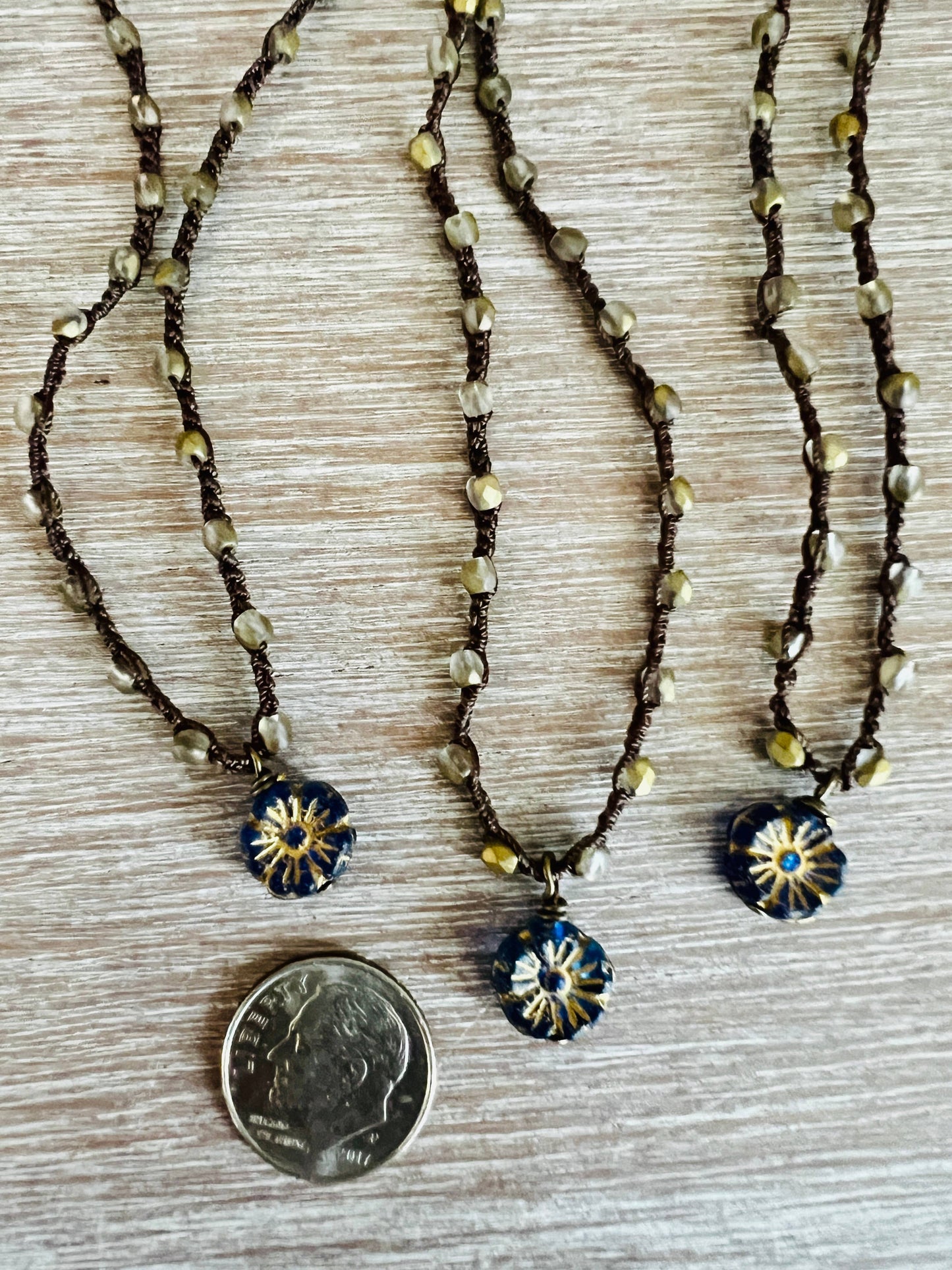 Antique Indigo Dainty Flower Necklace With Czech Crystal