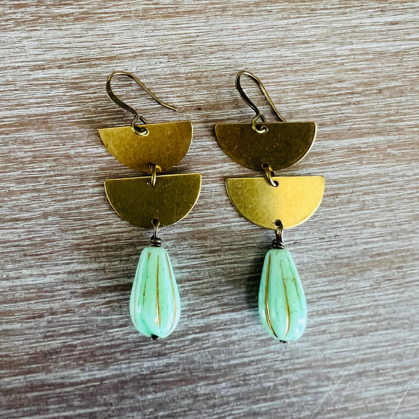 Double Half Moon Earrings With Mint Crystal Drop