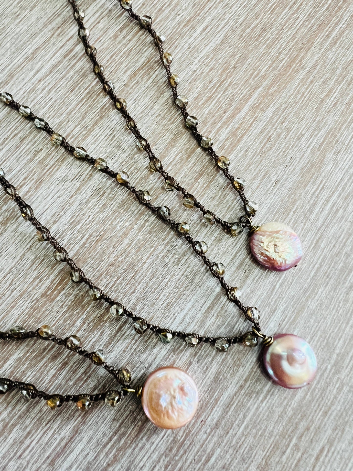 Crocheted Necklace With Freshwater Coin Pearl In Blush Pink