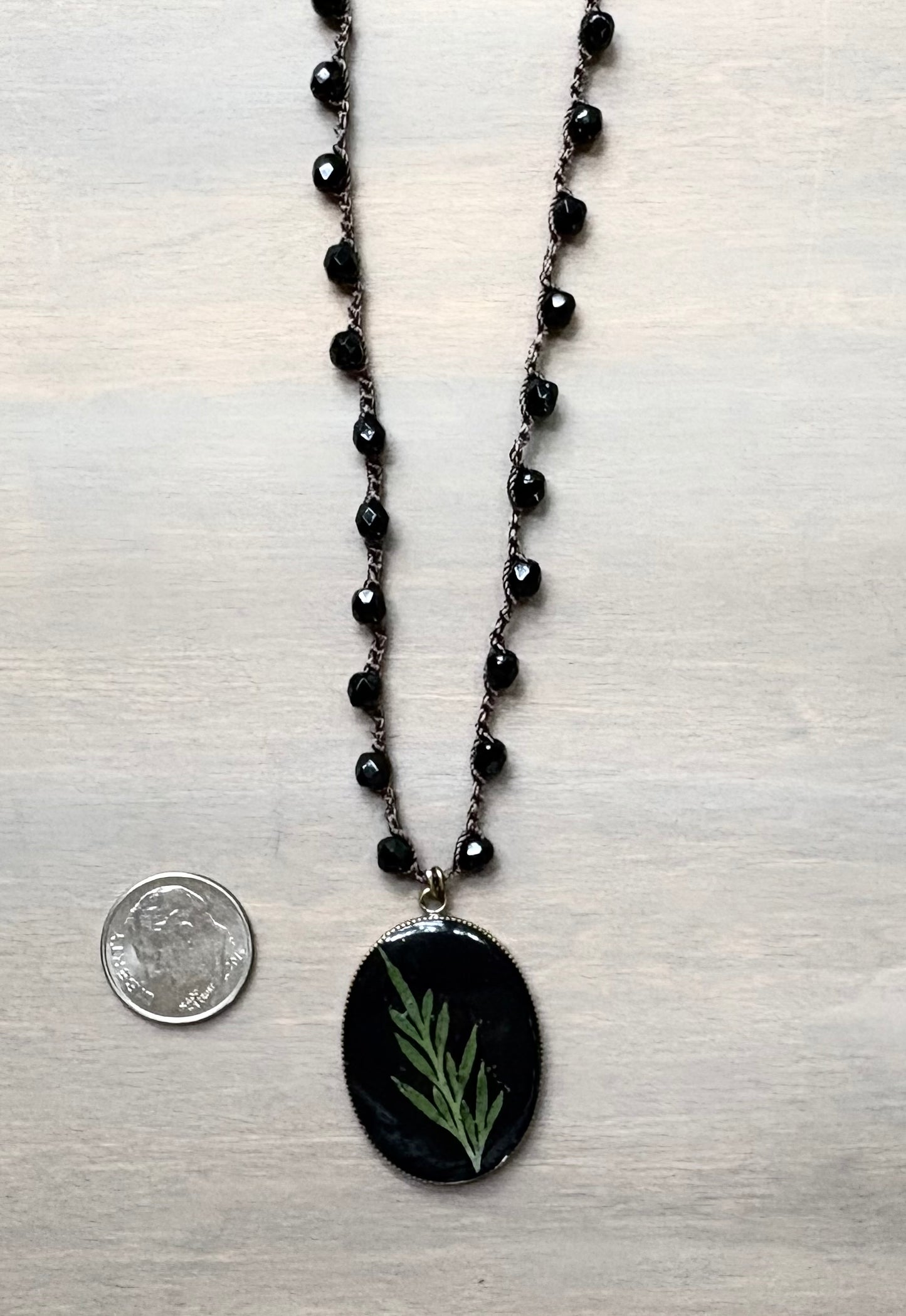 Long Botanical Pendant on Black Crystal, Version 4