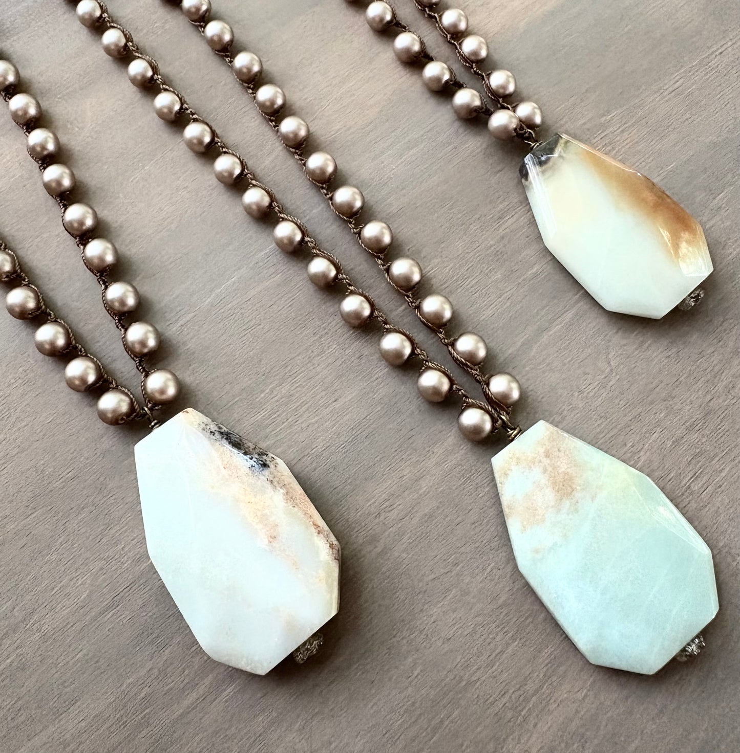 Amazonite Stone Pendant on Crocheted Satin Pearls