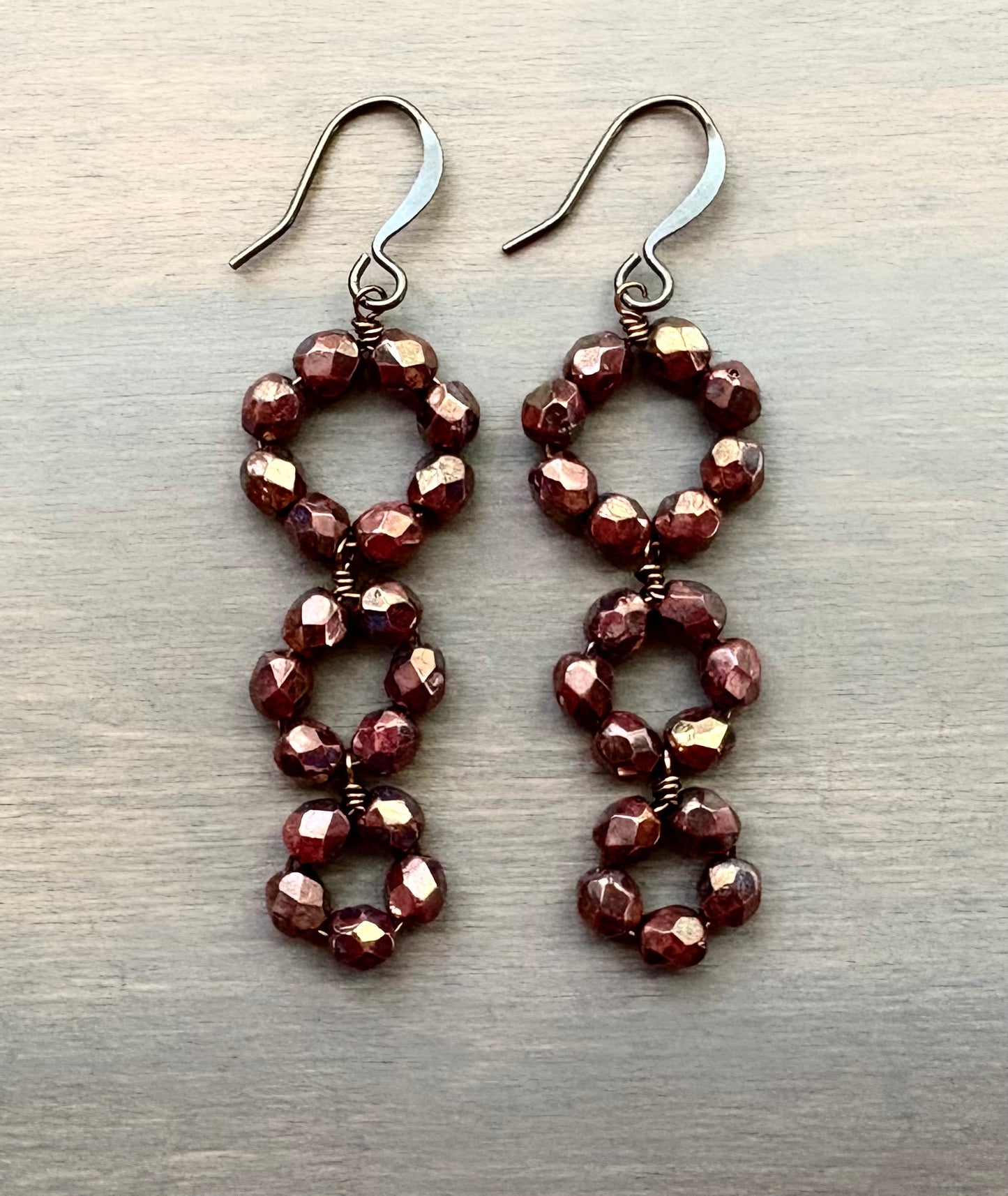 Cranberry Shimmer Triple Loop Crystal Earrings