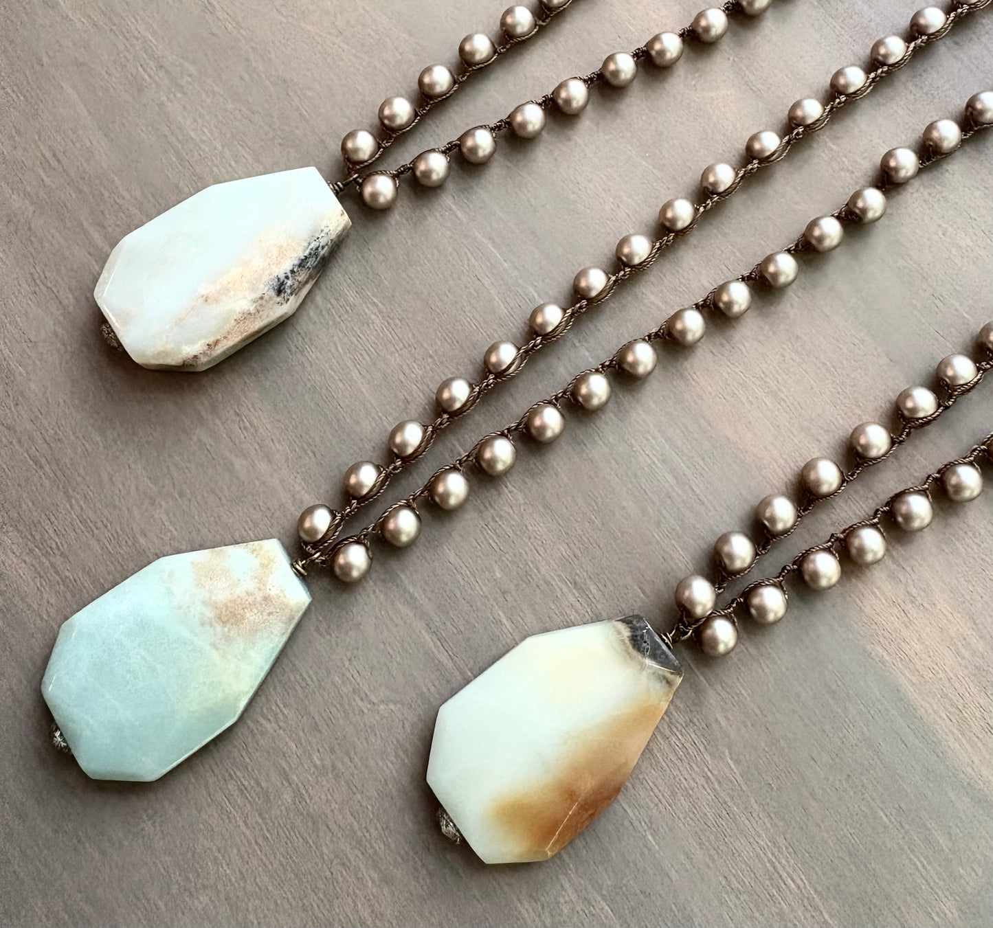 Amazonite Stone Pendant on Crocheted Satin Pearls