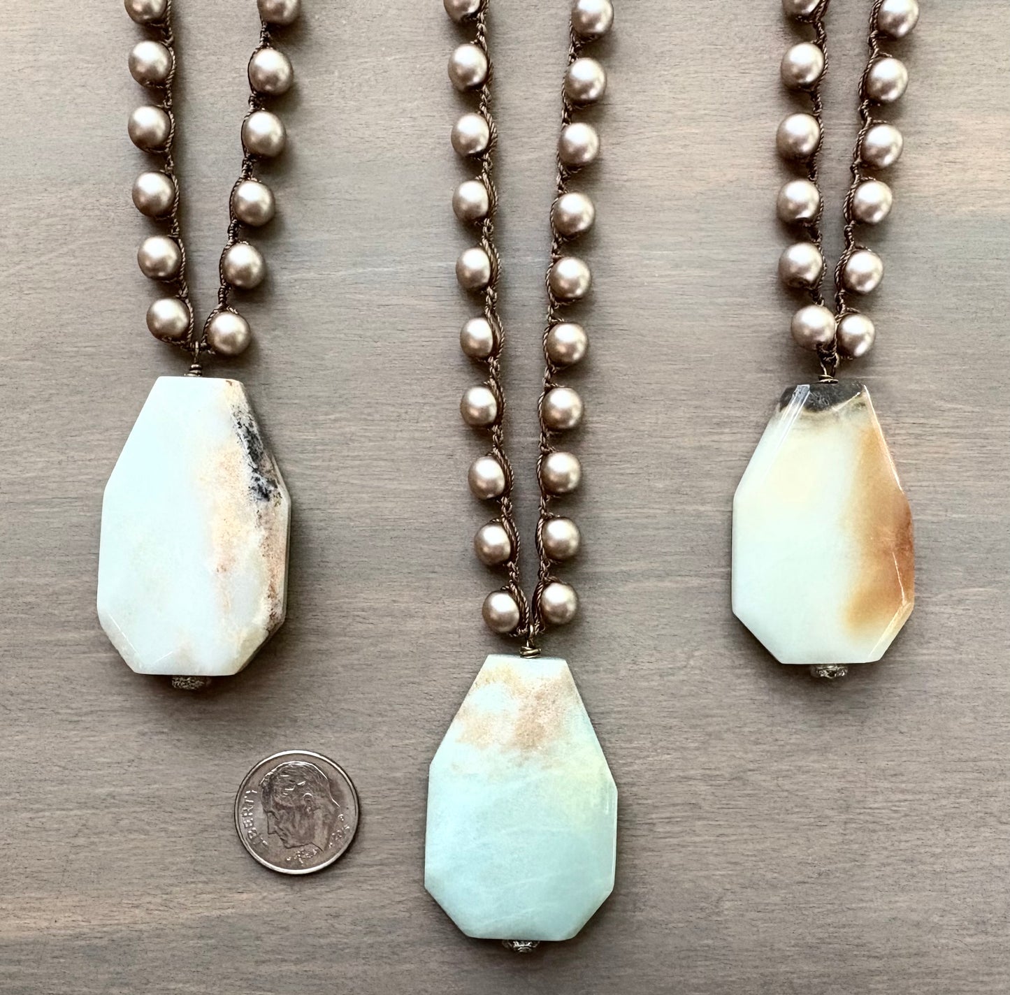 Amazonite Stone Pendant on Crocheted Satin Pearls