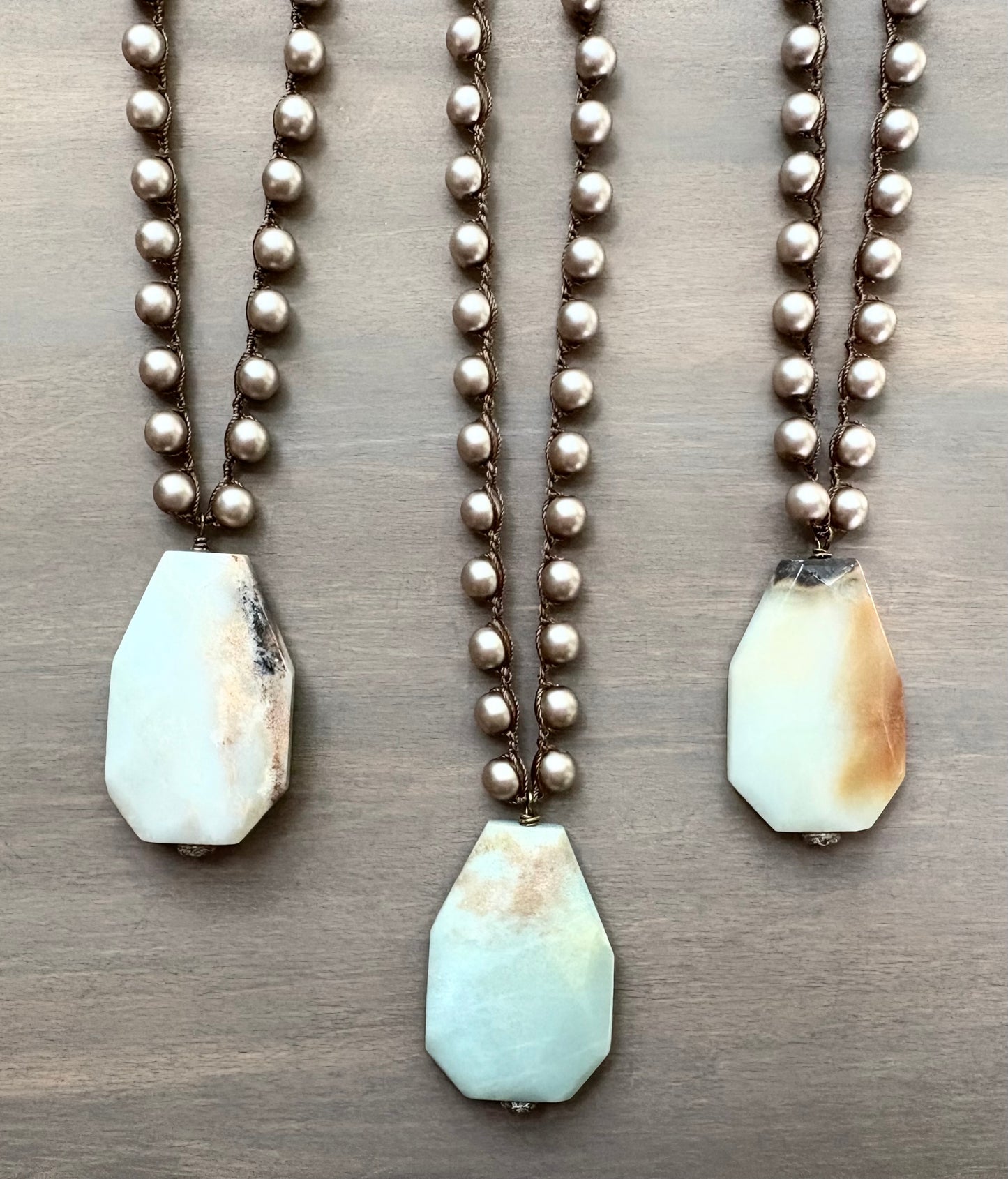 Amazonite Stone Pendant on Crocheted Satin Pearls