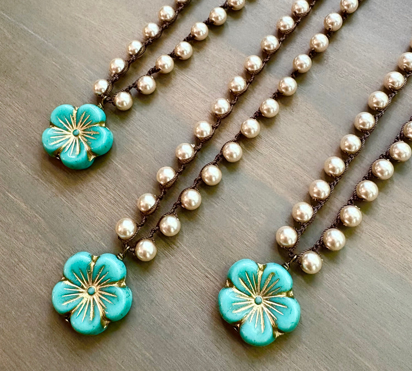 Golden Aqua Crystal Flower Pendant On Classic Glass Pearl Necklace