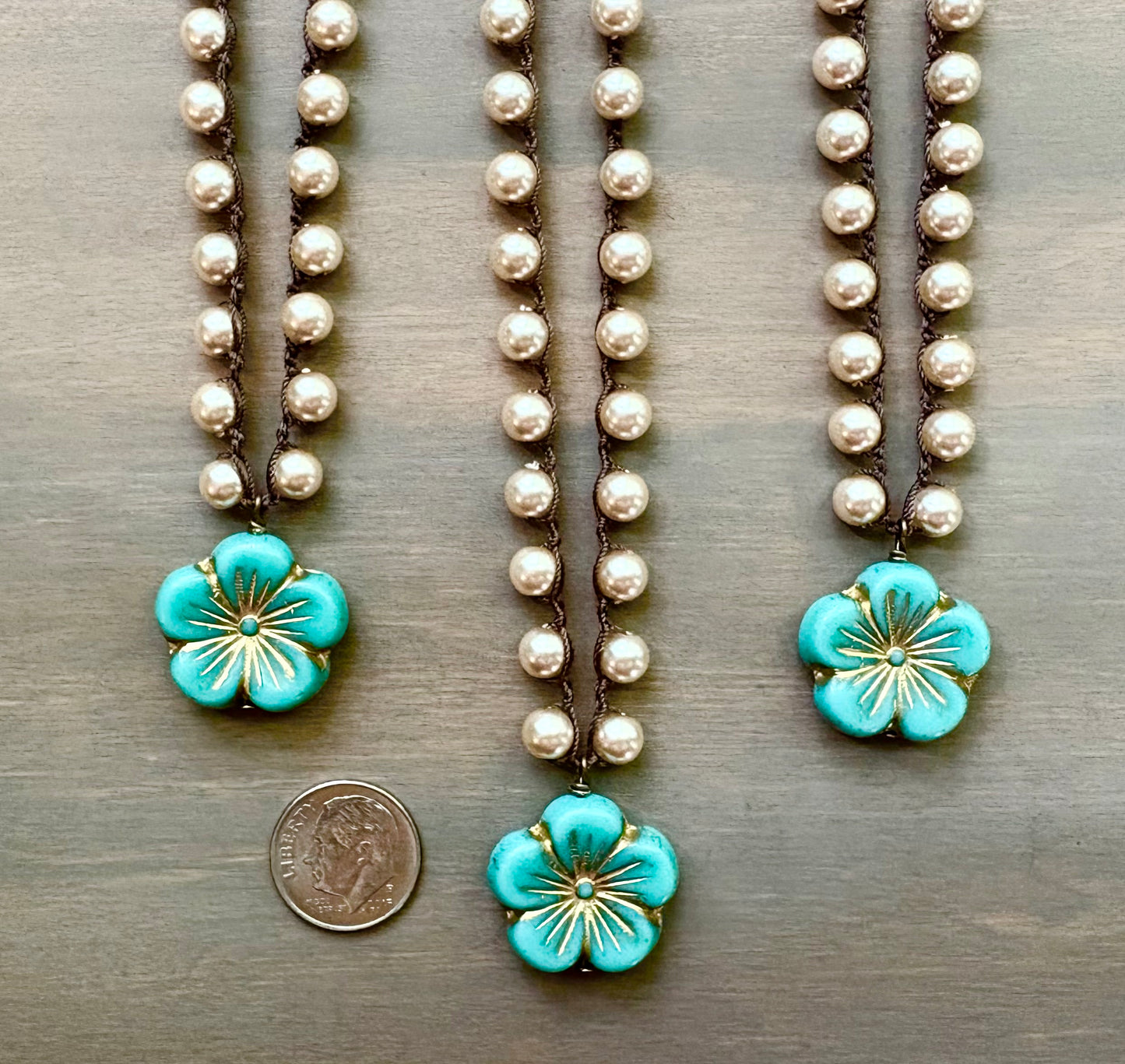 Golden Aqua Crystal Flower Pendant On Classic Glass Pearl Necklace