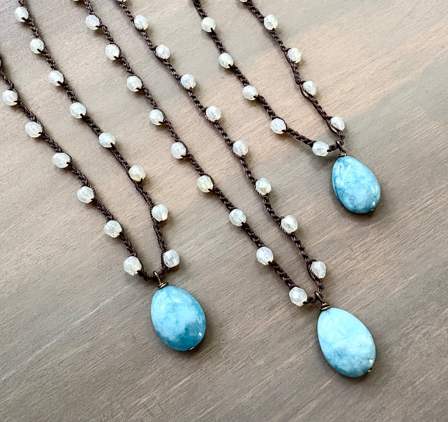 Larimar Stone Drop On Crocheted Czech Crystal Necklace Strand