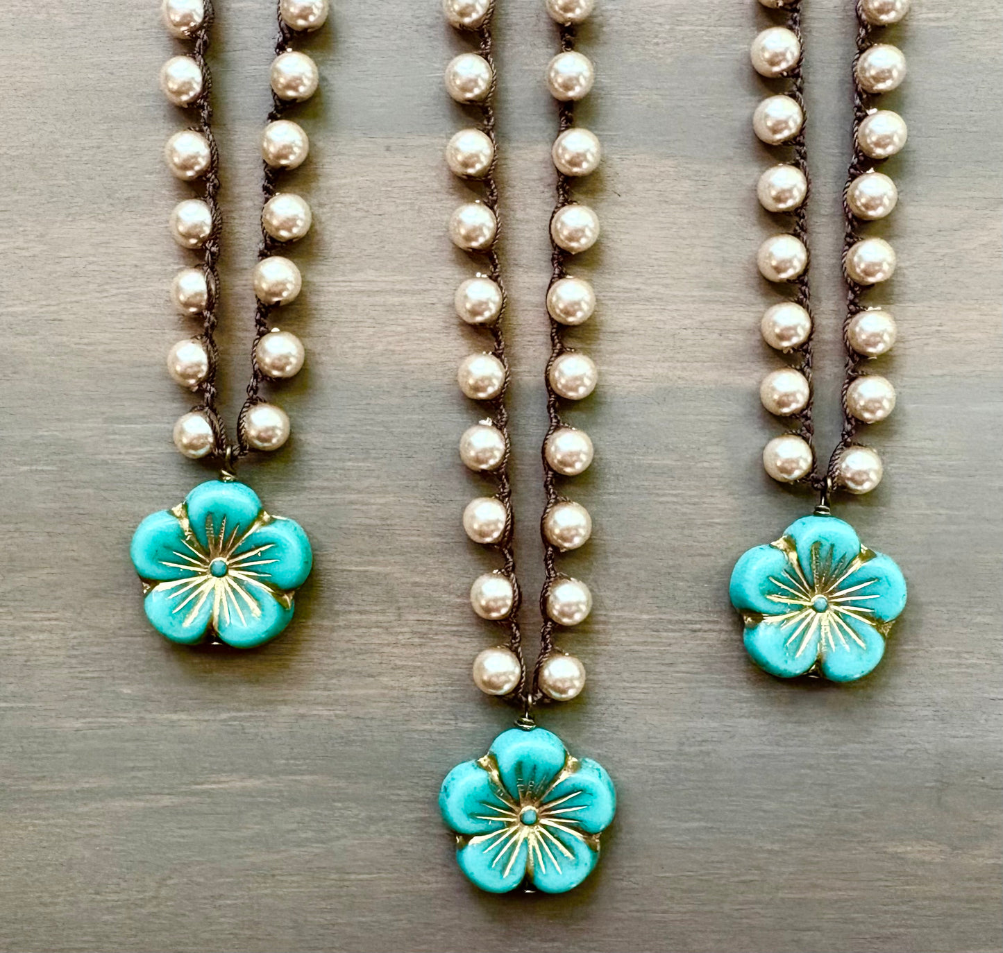 Golden Aqua Crystal Flower Pendant On Classic Glass Pearl Necklace