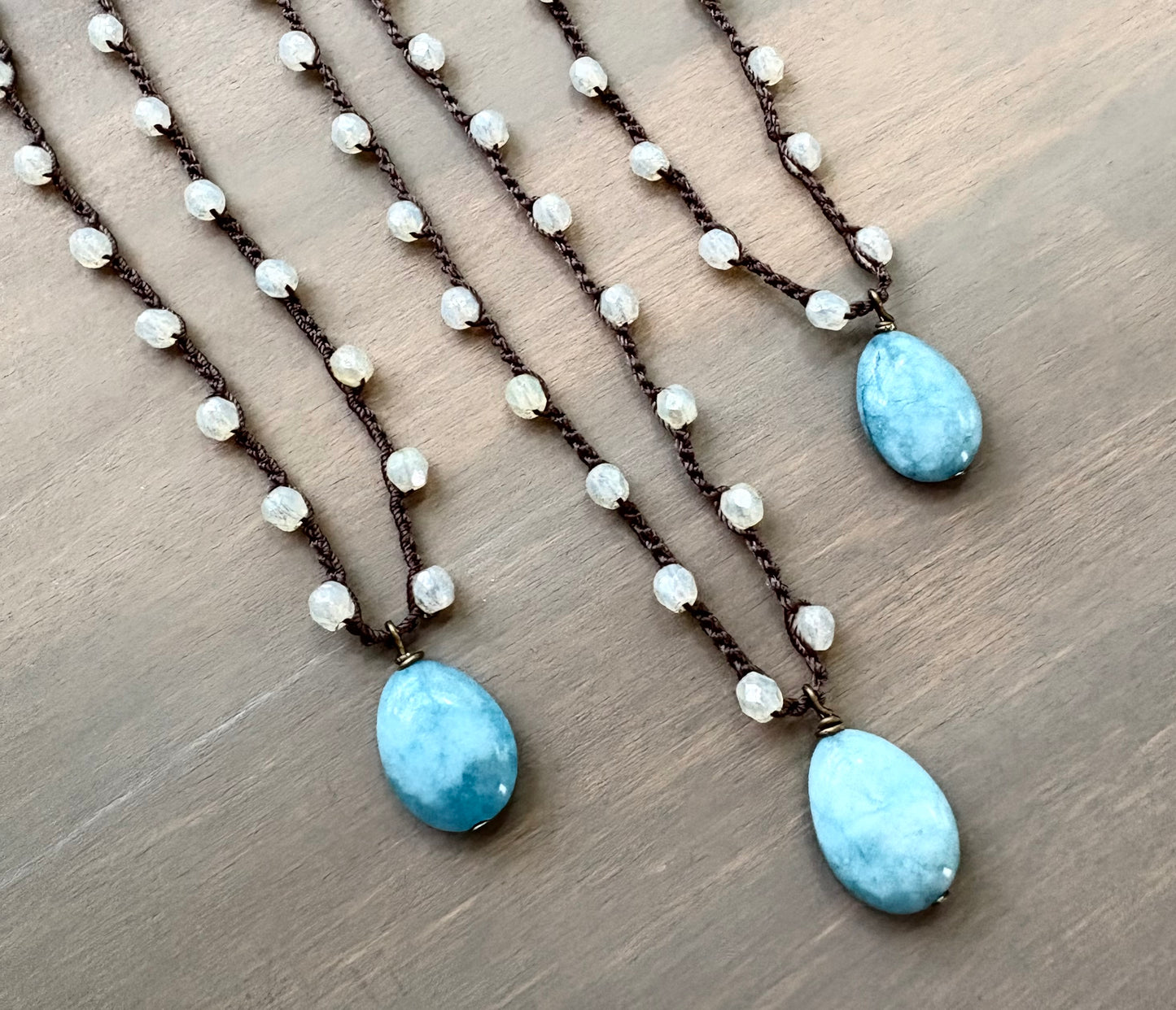 Larimar Stone Drop On Crocheted Czech Crystal Necklace Strand