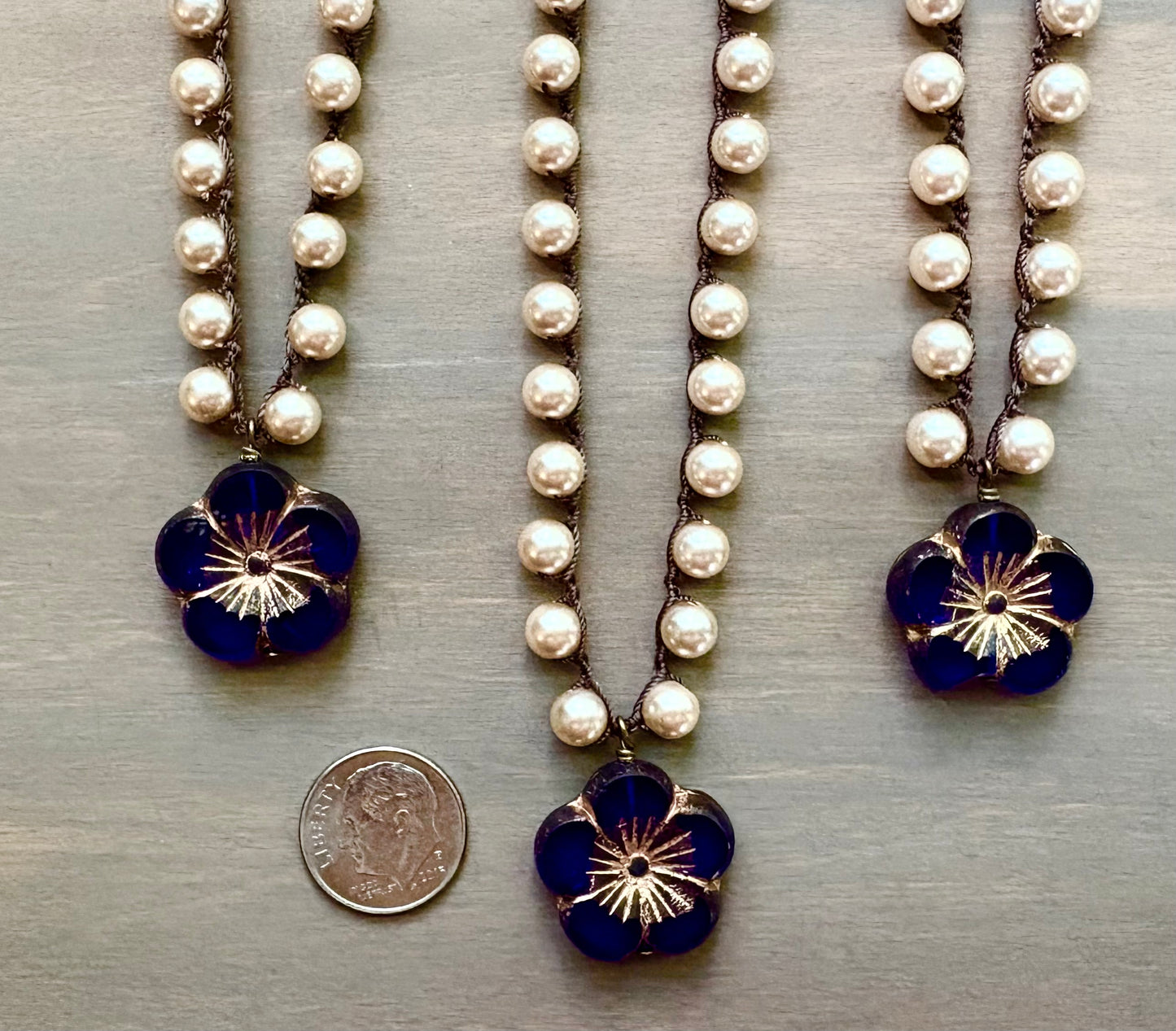 Cobalt Crystal Flower Pendant On Crocheted Glass Pearl Necklace