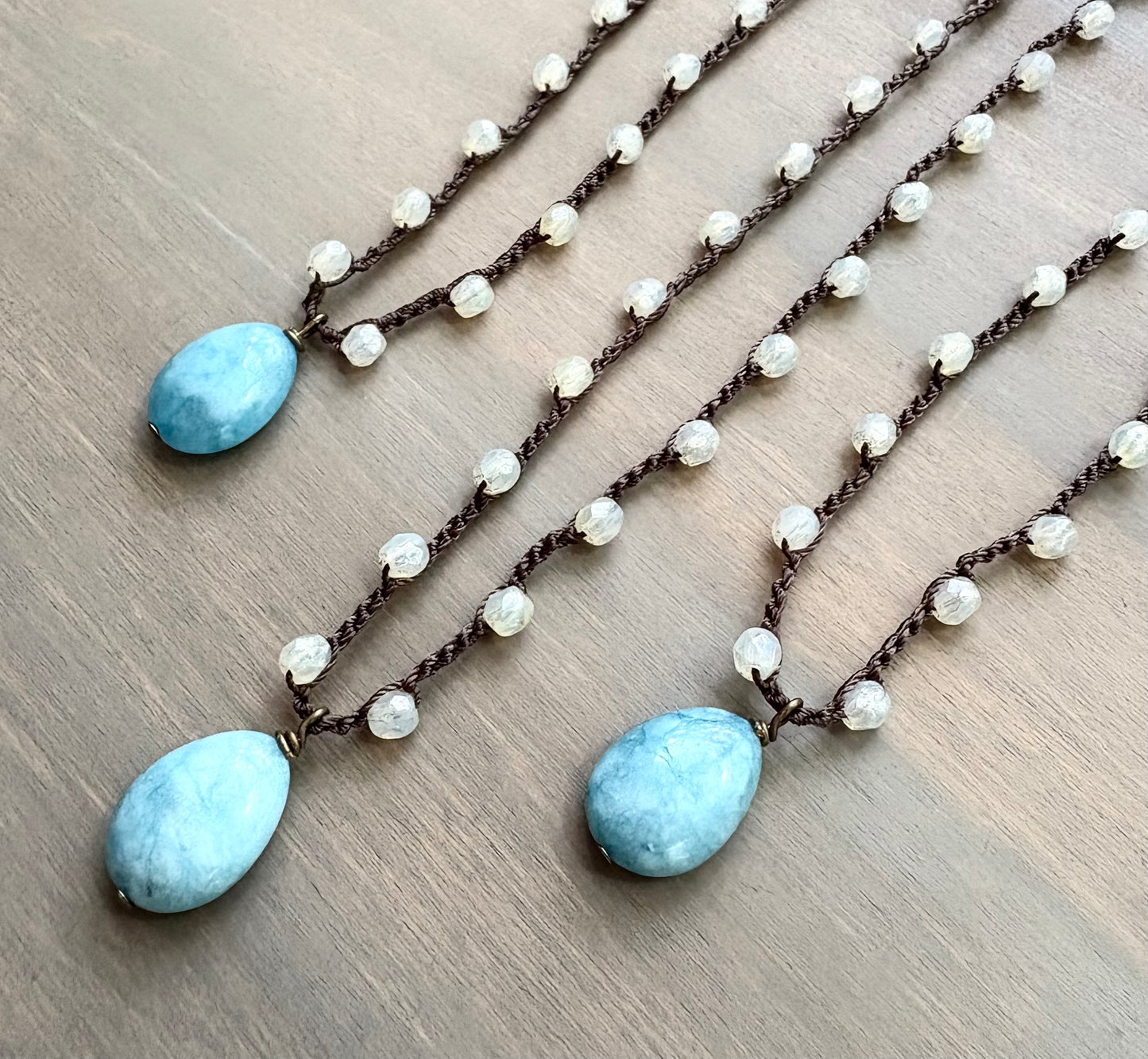 Larimar Stone Drop On Crocheted Czech Crystal Necklace Strand