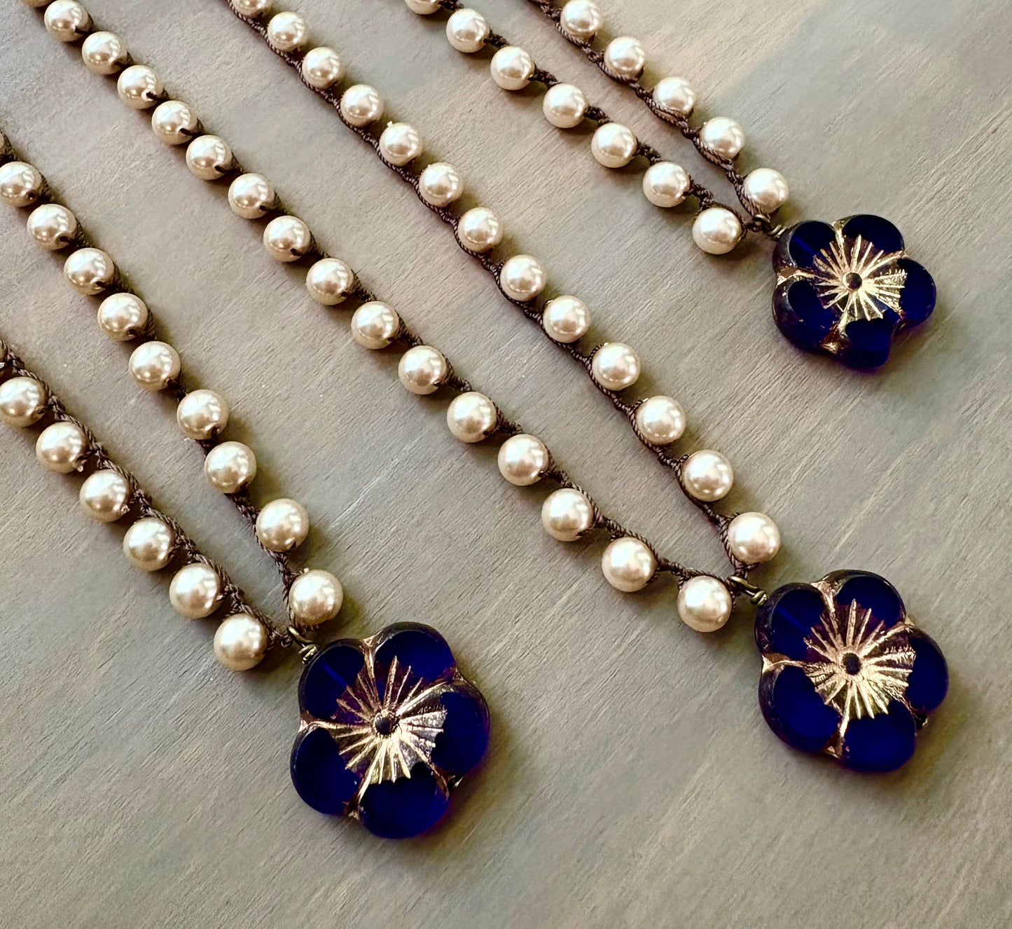 Cobalt Crystal Flower Pendant On Crocheted Glass Pearl Necklace