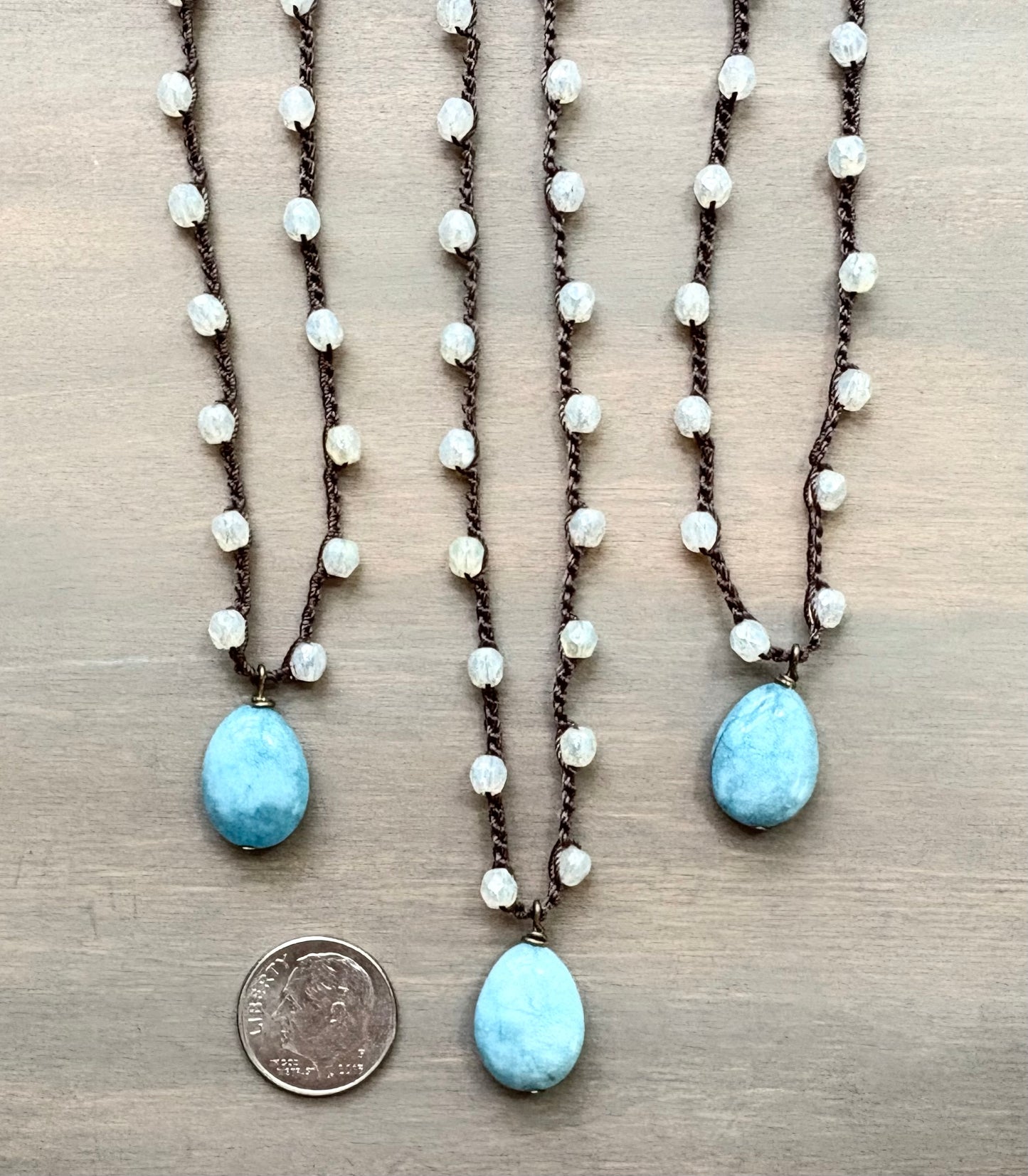 Larimar Stone Drop On Crocheted Czech Crystal Necklace Strand