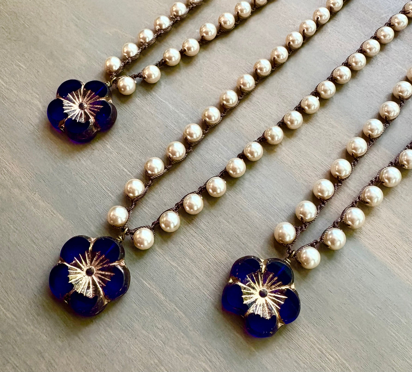 Cobalt Crystal Flower Pendant On Crocheted Glass Pearl Necklace