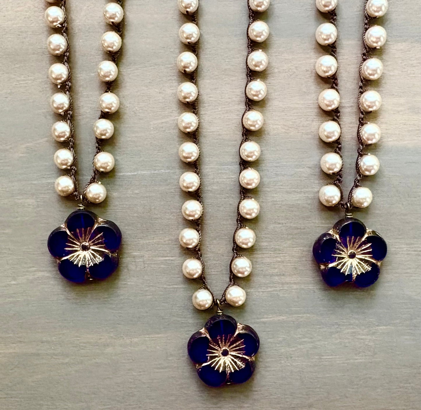 Cobalt Crystal Flower Pendant On Crocheted Glass Pearl Necklace