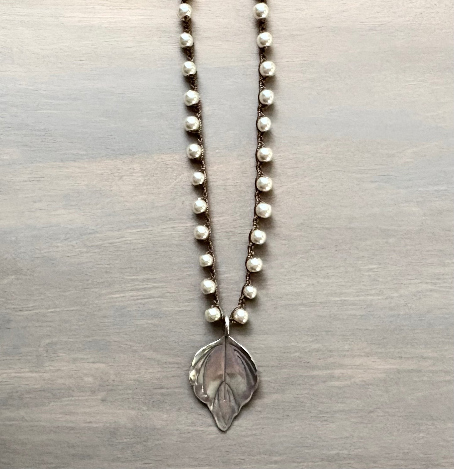 Glass Pearls with Sterling Silver Leaf Pendant