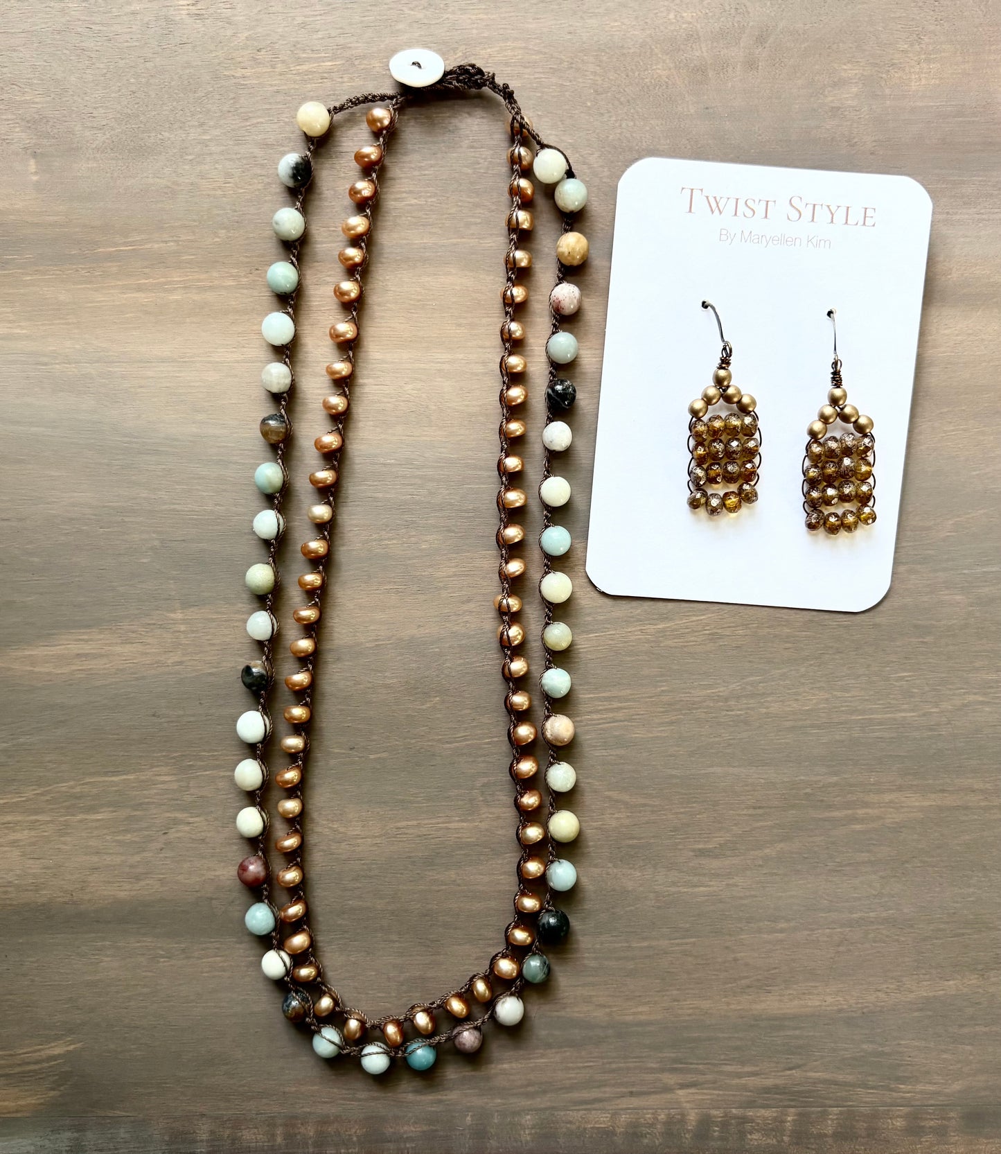 Double Strand Mixed Stone and Pearls with Earrings Set