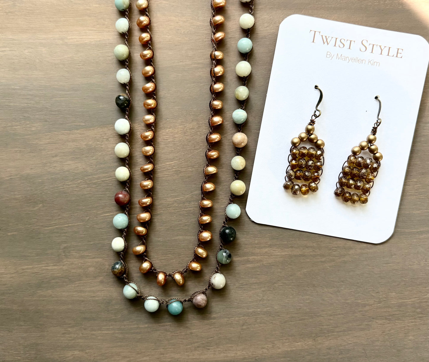 Double Strand Mixed Stone and Pearls with Earrings Set