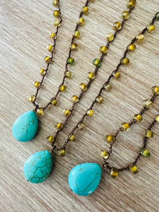 Goldenrod Crystal Crocheted Necklace with Blue Stone Drop