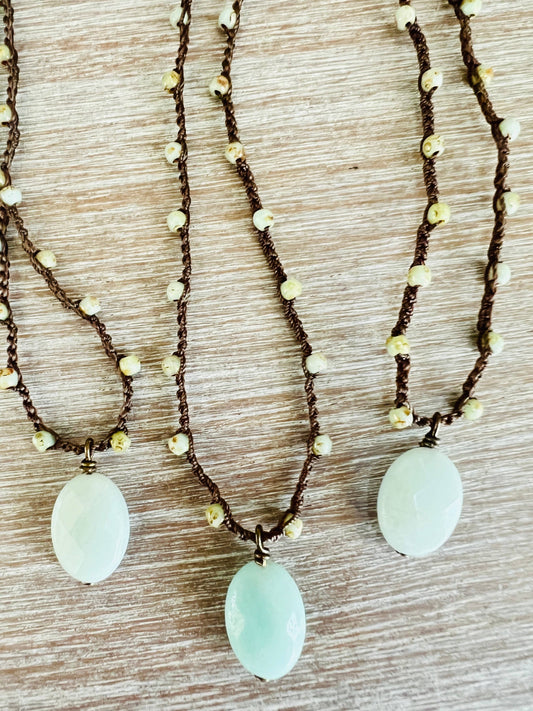 Faceted Amazonite Crocheted Beach Necklace