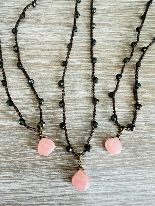 Rose Quartz Drop Simple Beach Necklace With Czech Crystal