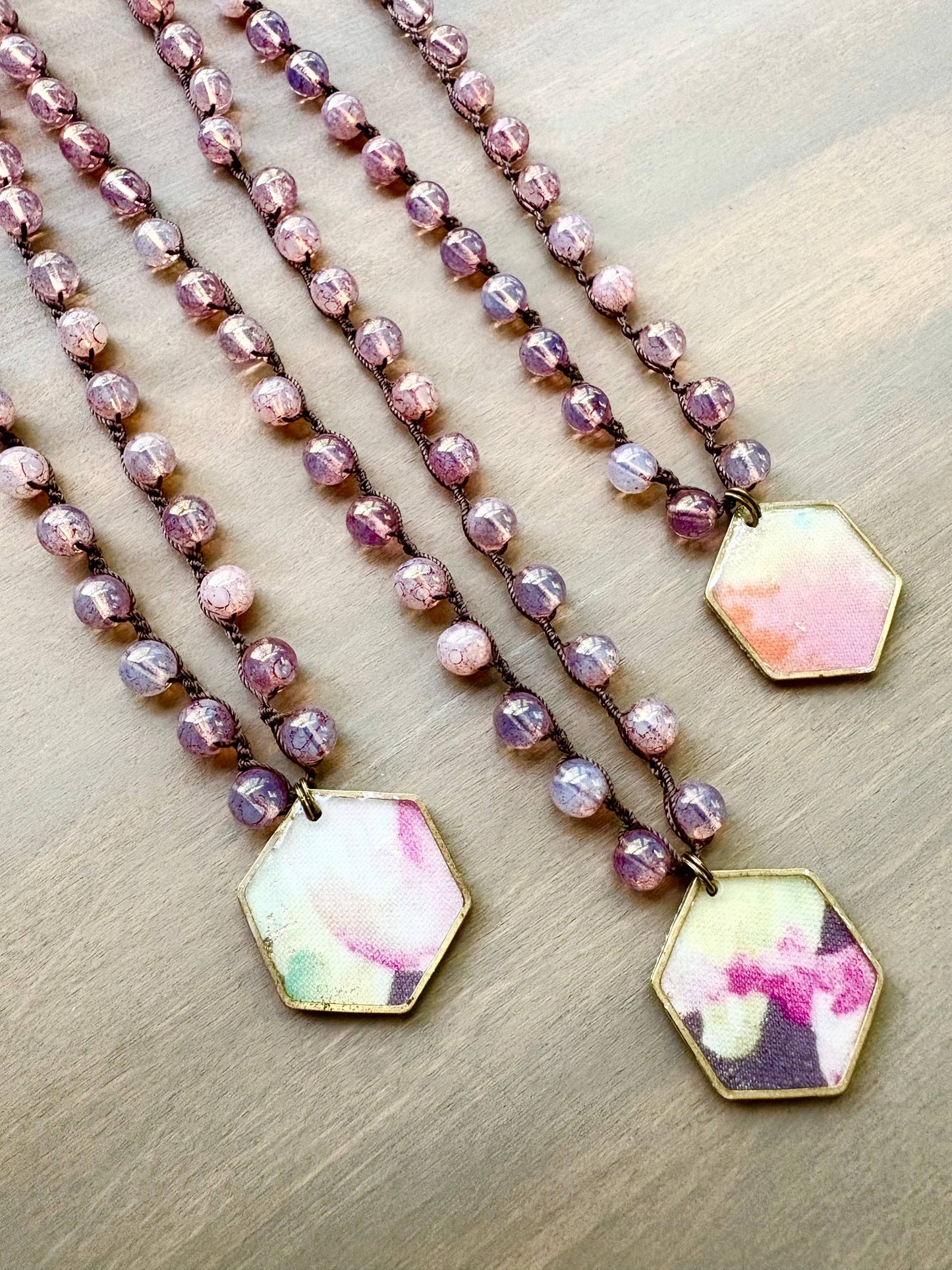 Vintage Fabric Garden Pendant And Rosy Crystal Necklace