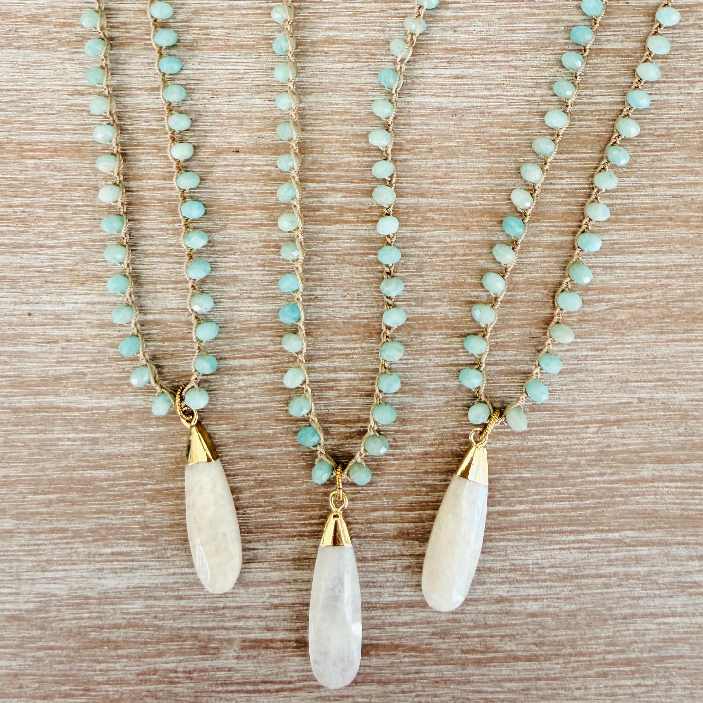 Coastal Moonstone Beach Necklace With And Crocheted Amazonite