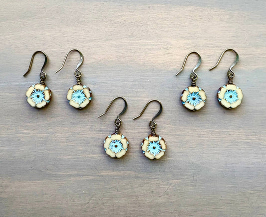 Sand and Sky Dainty Pressed Glass Flower Earrings