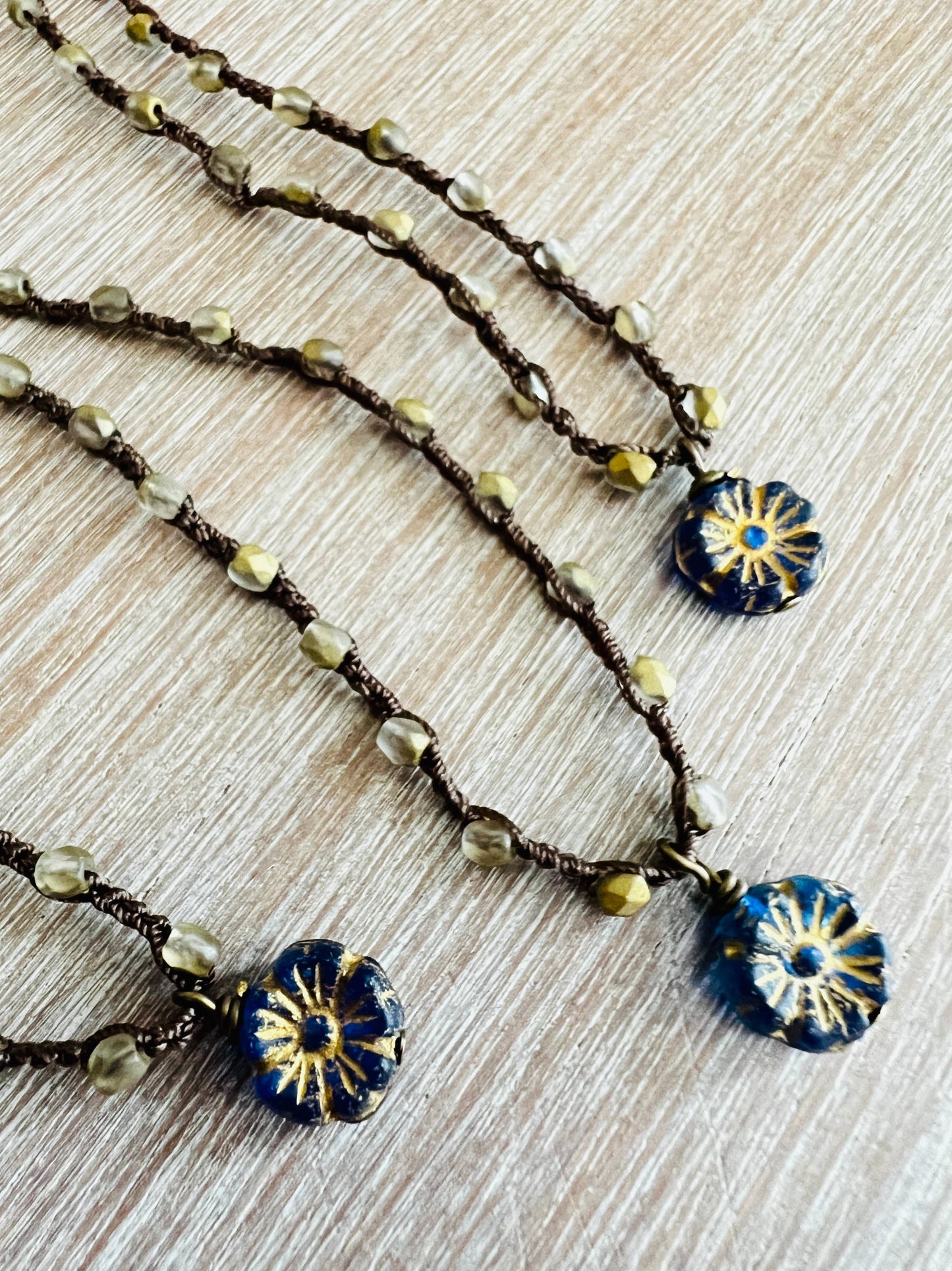 Antique Indigo Dainty Flower Necklace With Czech Crystal 