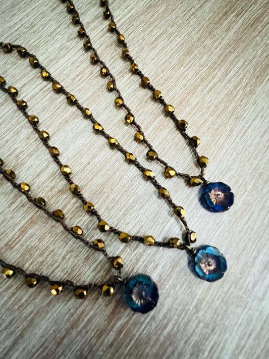 Indigo Blue Flower Necklace With Autumn Gold Crystal