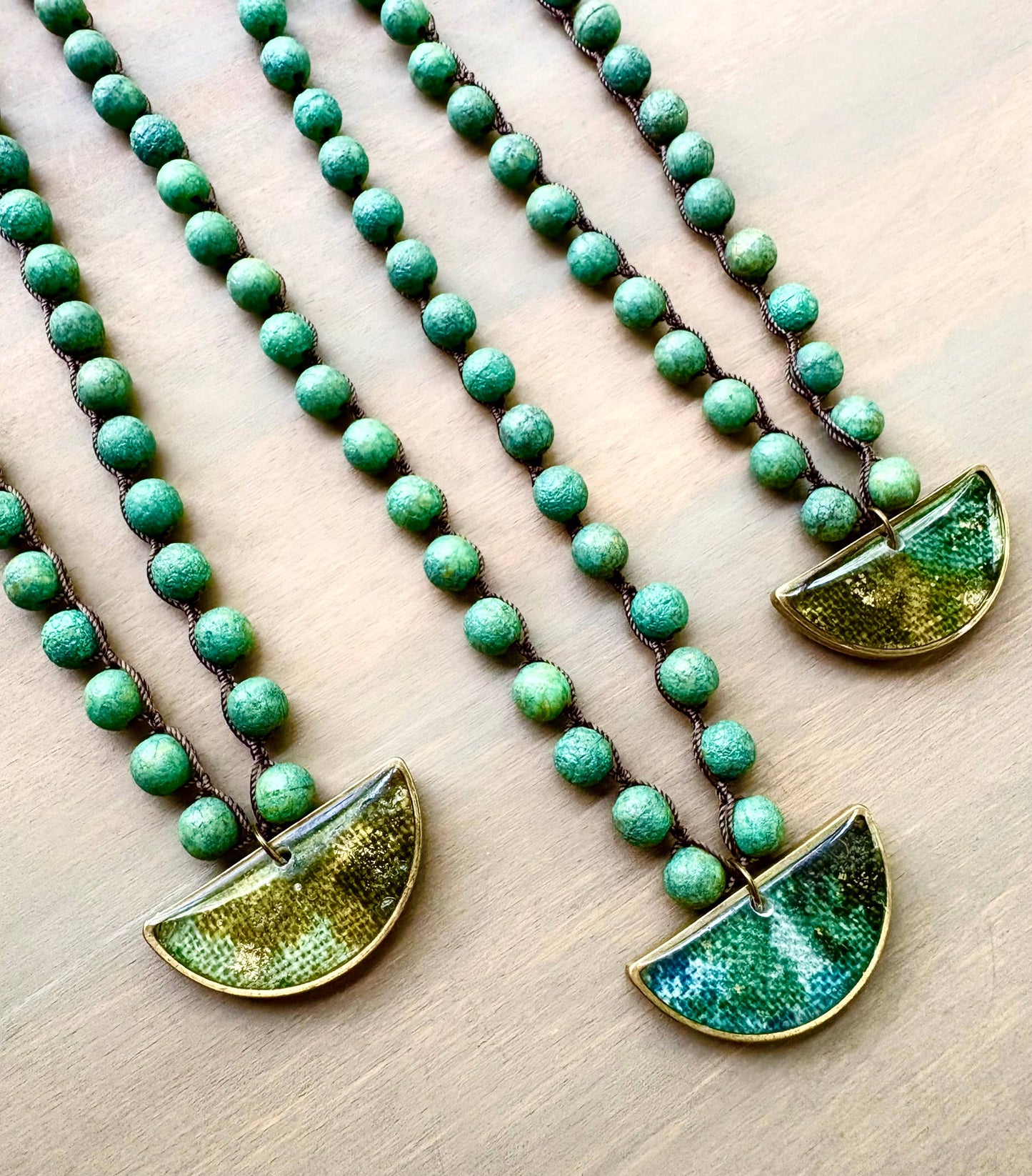 Antique Linen Handmade Pendant With Rustic Green Crystal