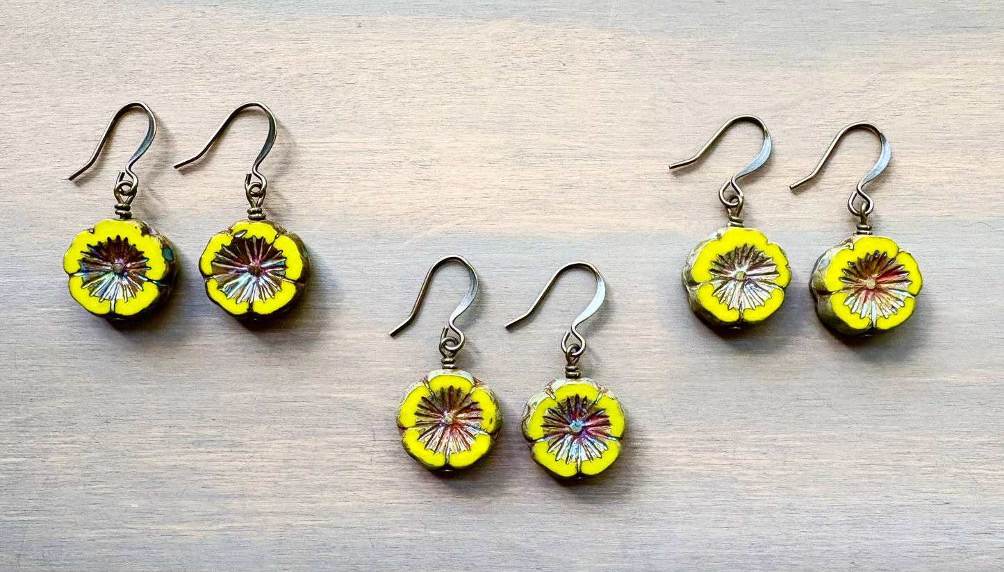 Sunshine Yellow Pressed Glass Flower Earrings