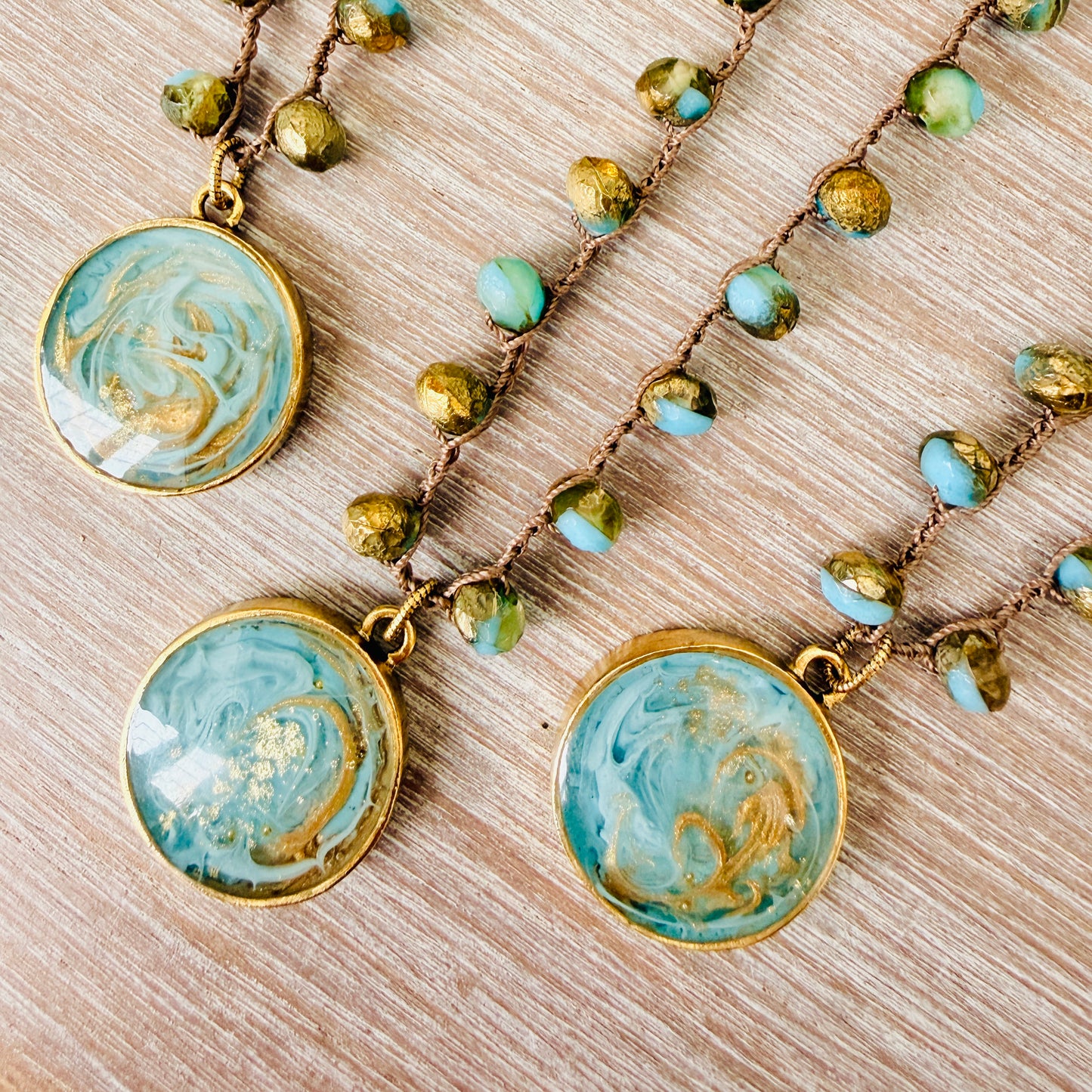 Golden Sea Portal Handmade Pendant And Crocheted Czech Crystal Necklace