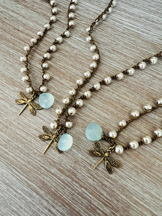 Dragonfly Charm Necklace With Chalcedony Stone Drop