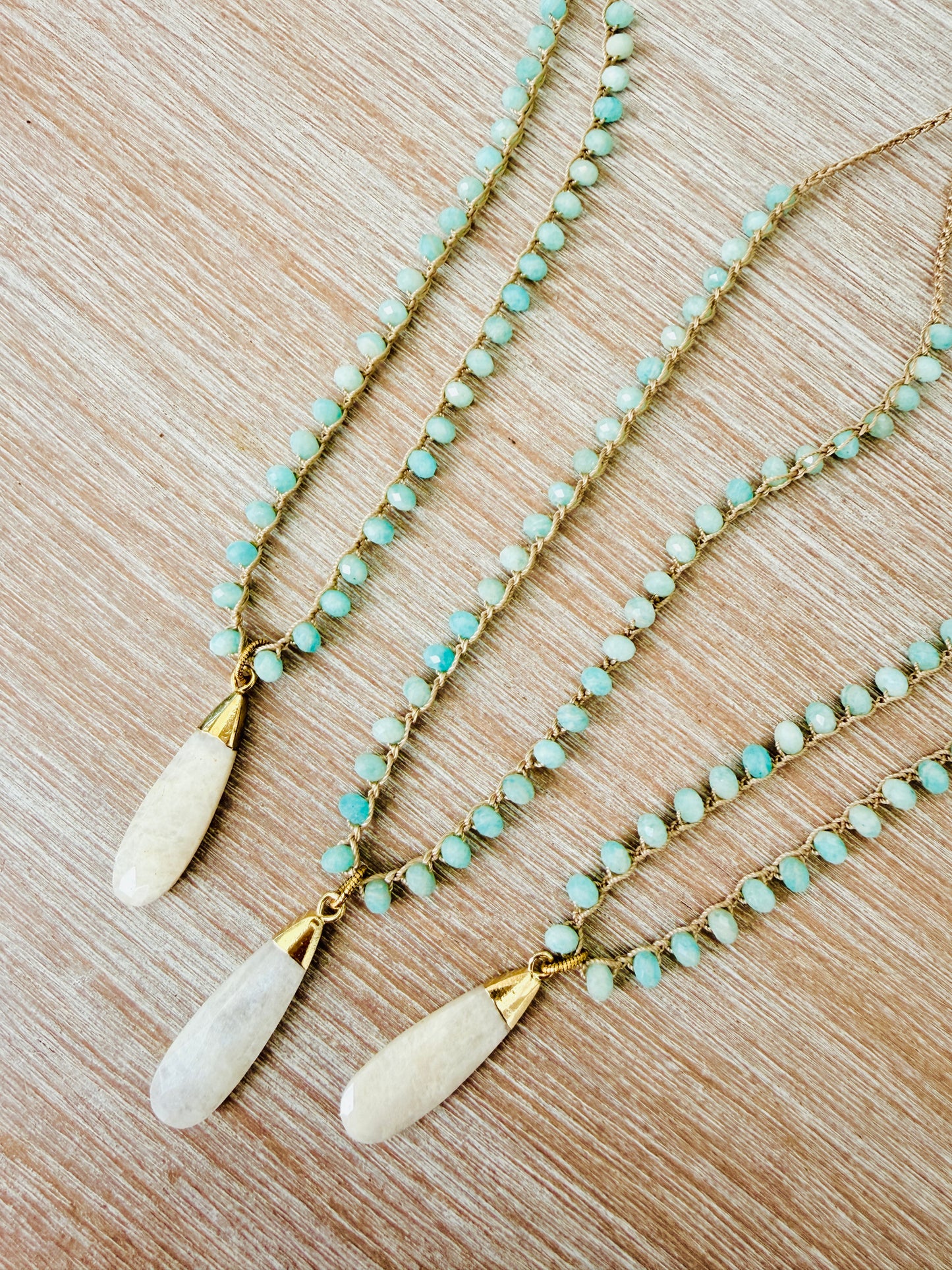 Coastal Moonstone Beach Necklace With And Crocheted Amazonite