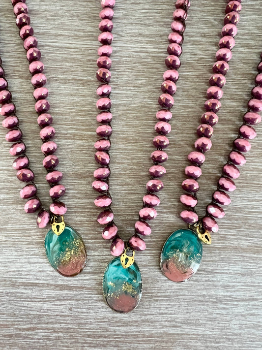 Pink Sand Beach Handmade Necklace With Crocheted Crystal