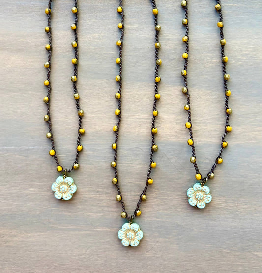 Marigold Czech Crystal Crocheted Necklace With Mint Flower