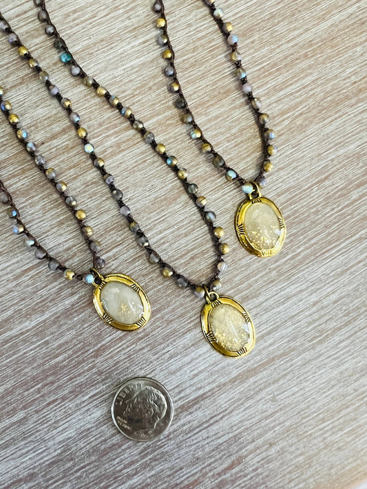 Golden Cream Seashell Portal Pendant Crocheted Necklace 
