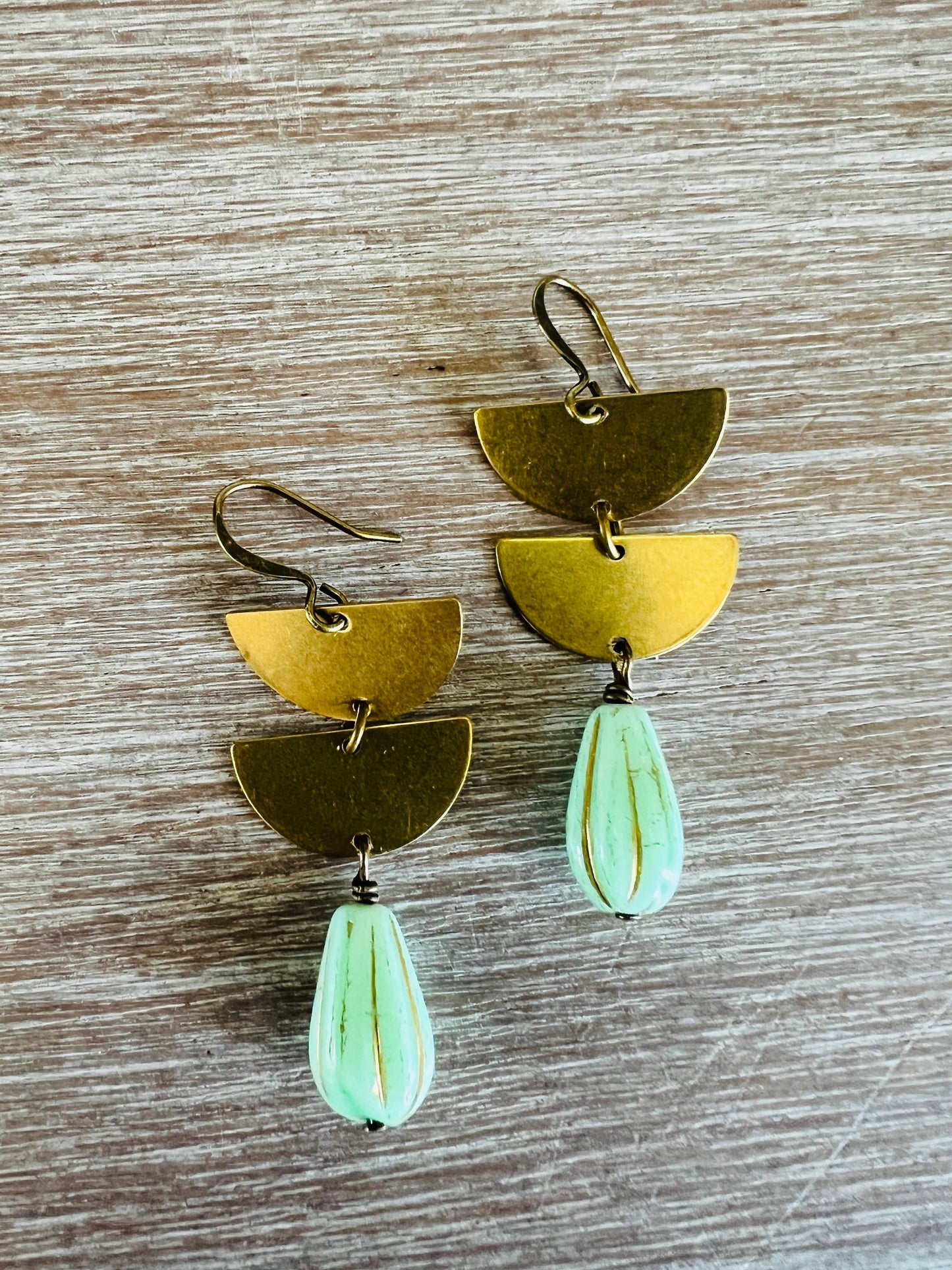 Double Half Moon Earrings With Mint Crystal Drop